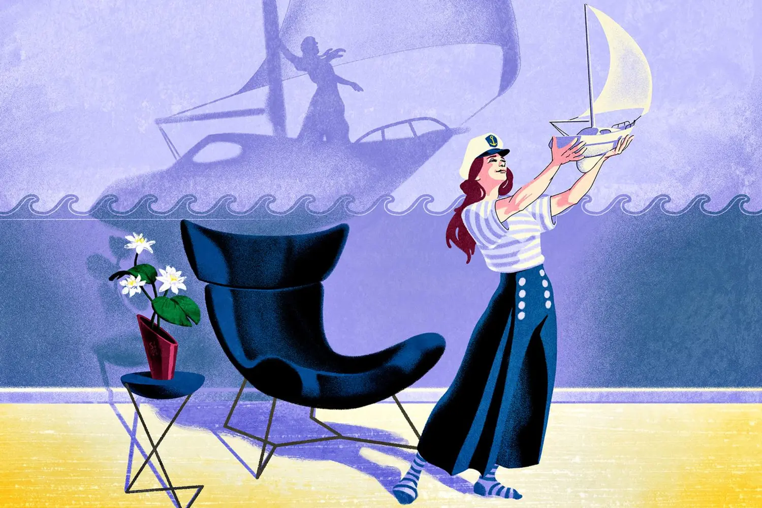 Piirroskuvituksessa nainen katsoo haaveilevasti pientä purjevenettä