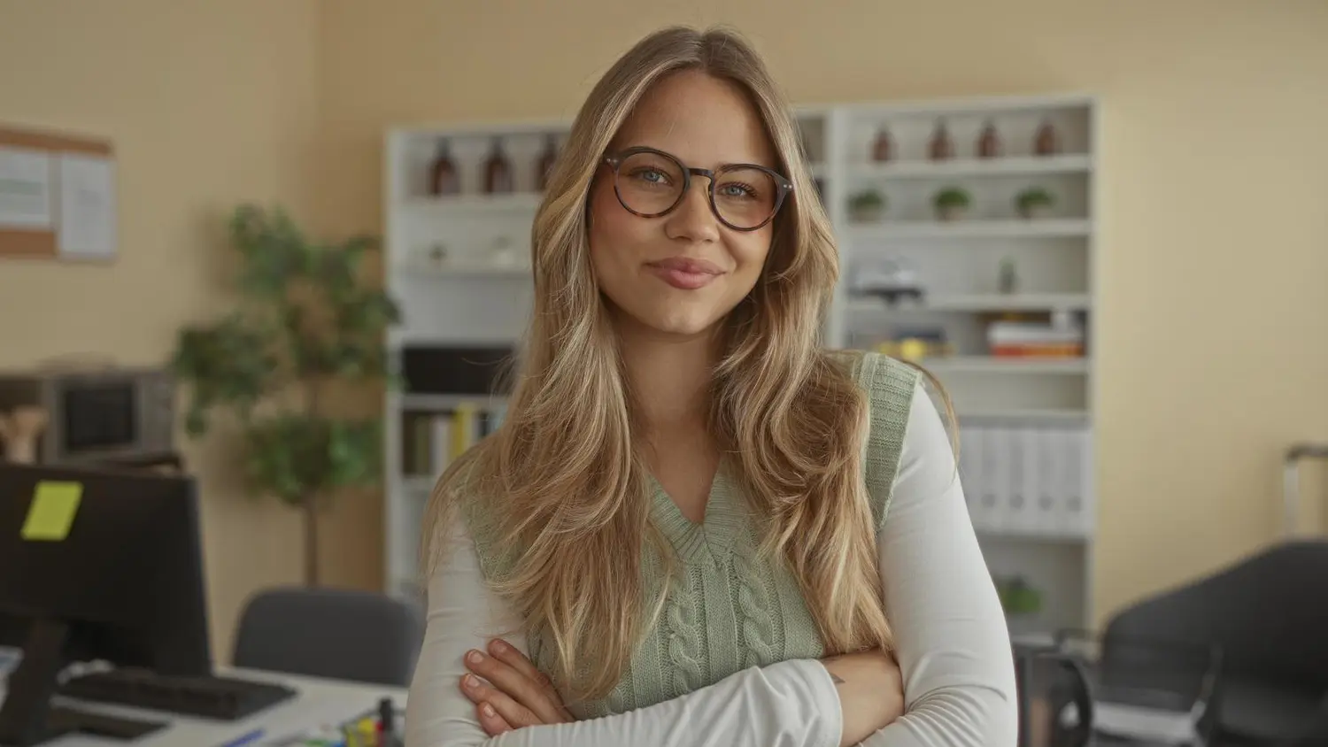 Nuori silmälasipäinen nainen seisoo työhuoneessa. Hänellä on päällä neuleliivi ja valkoinen pitkähihainen