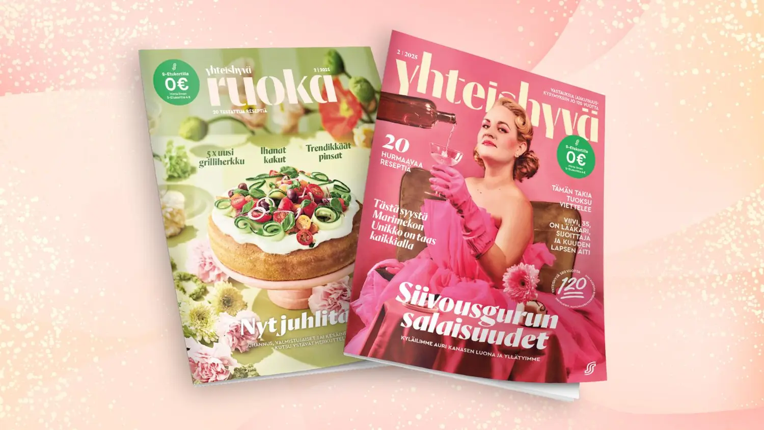 Yhteishyvä-lehden kannessa Auri Kananen, Ruoka-lehden kannessa focaccia-voileipäkakku.