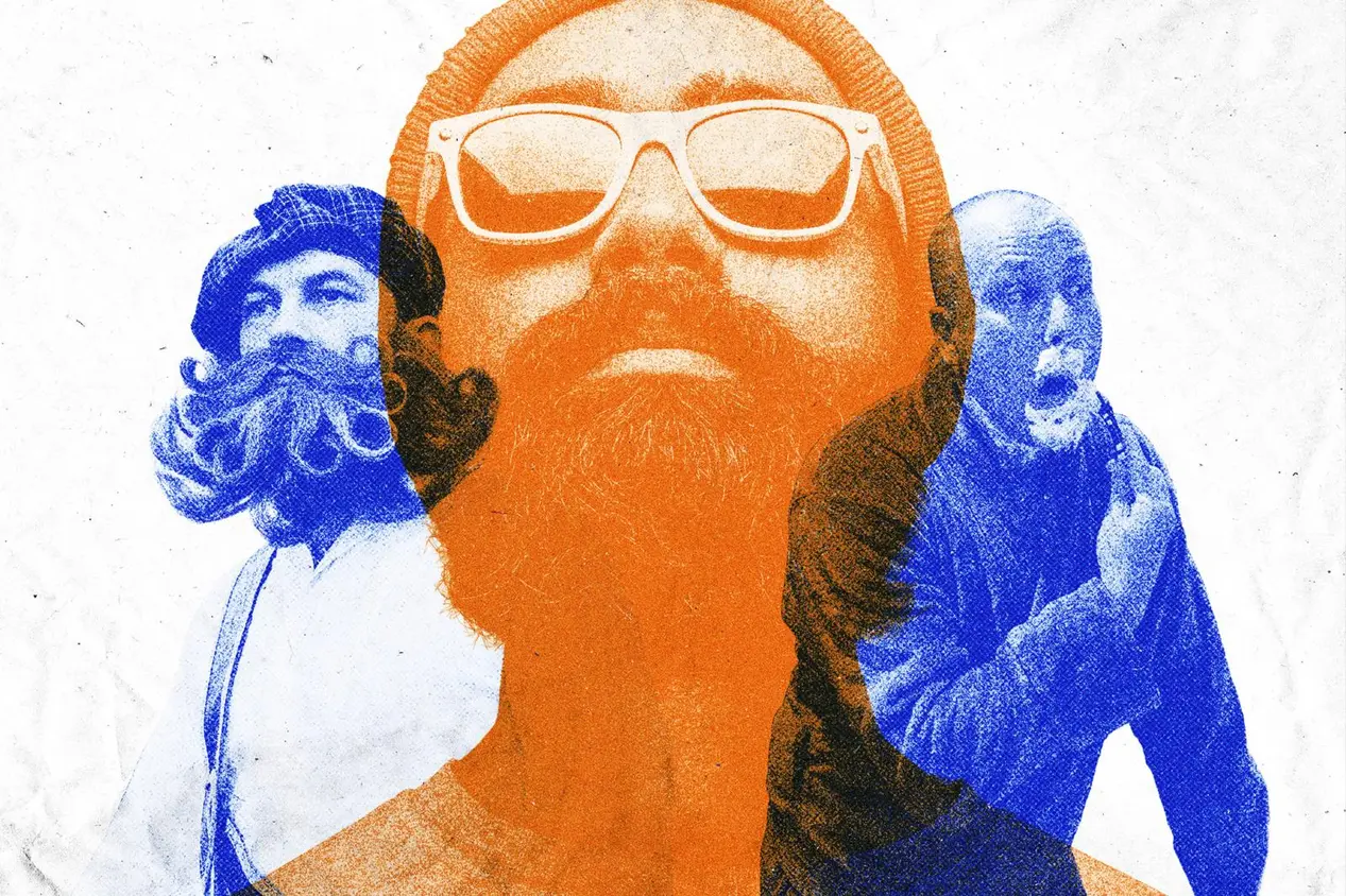Oranssin ja sinisen sävyinen kollaasi, jossa on kaksi partasuista miestä ja Heikki Paasonen ajamassa partaa.