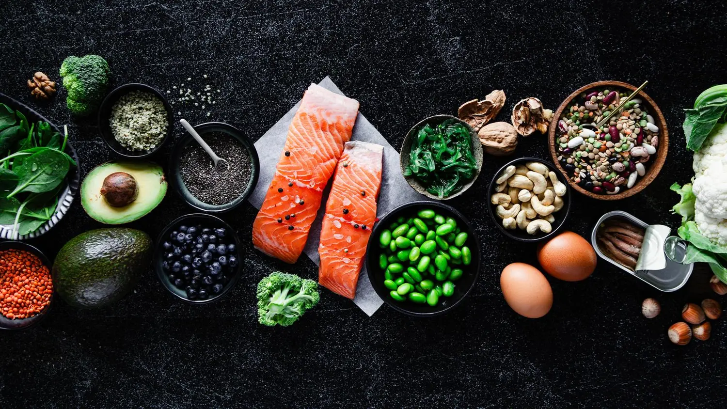 Keto ruokavalioon sopivaa ruokaa: lohta, edamepapuja, pähkinöitä, kananmunaa, avokadoa.