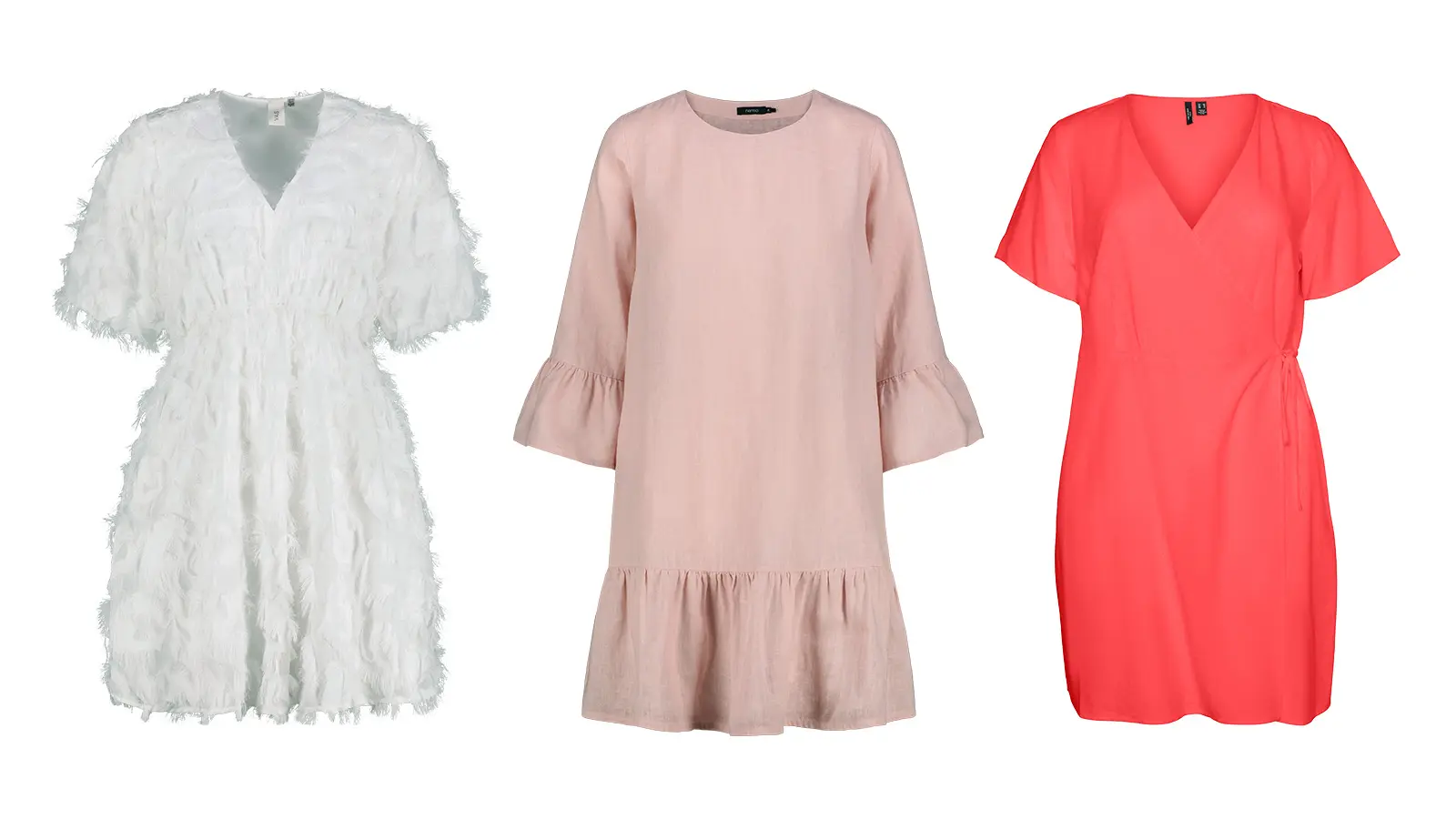 Kolme minimekkoa: valkoinen pörröinen, roosa ja punainen, merkeiltä Yas, Nanso ja Vero Moda