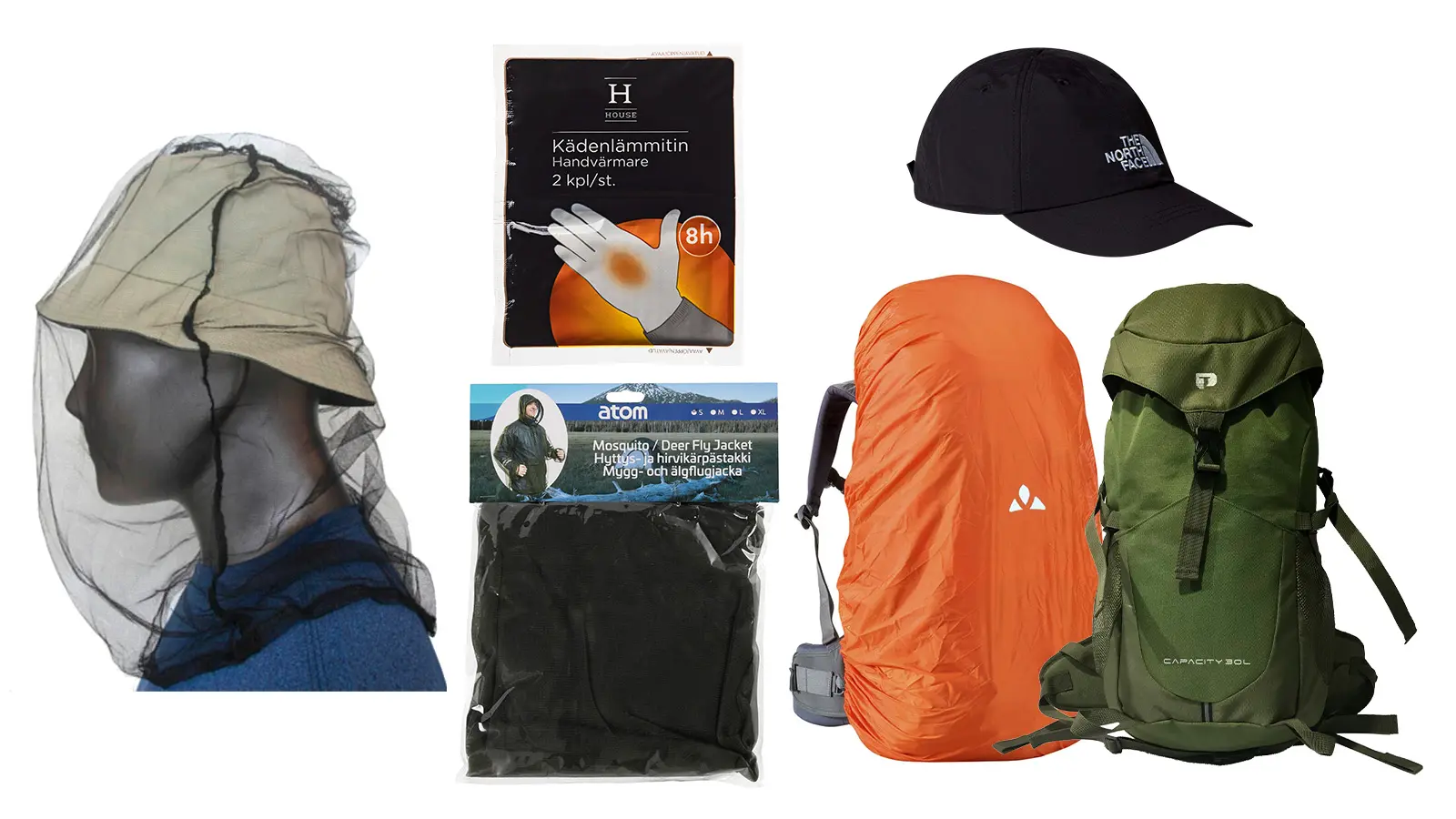 Hyttysverkkoja, reppuja, lippis ja käsienlämmitin