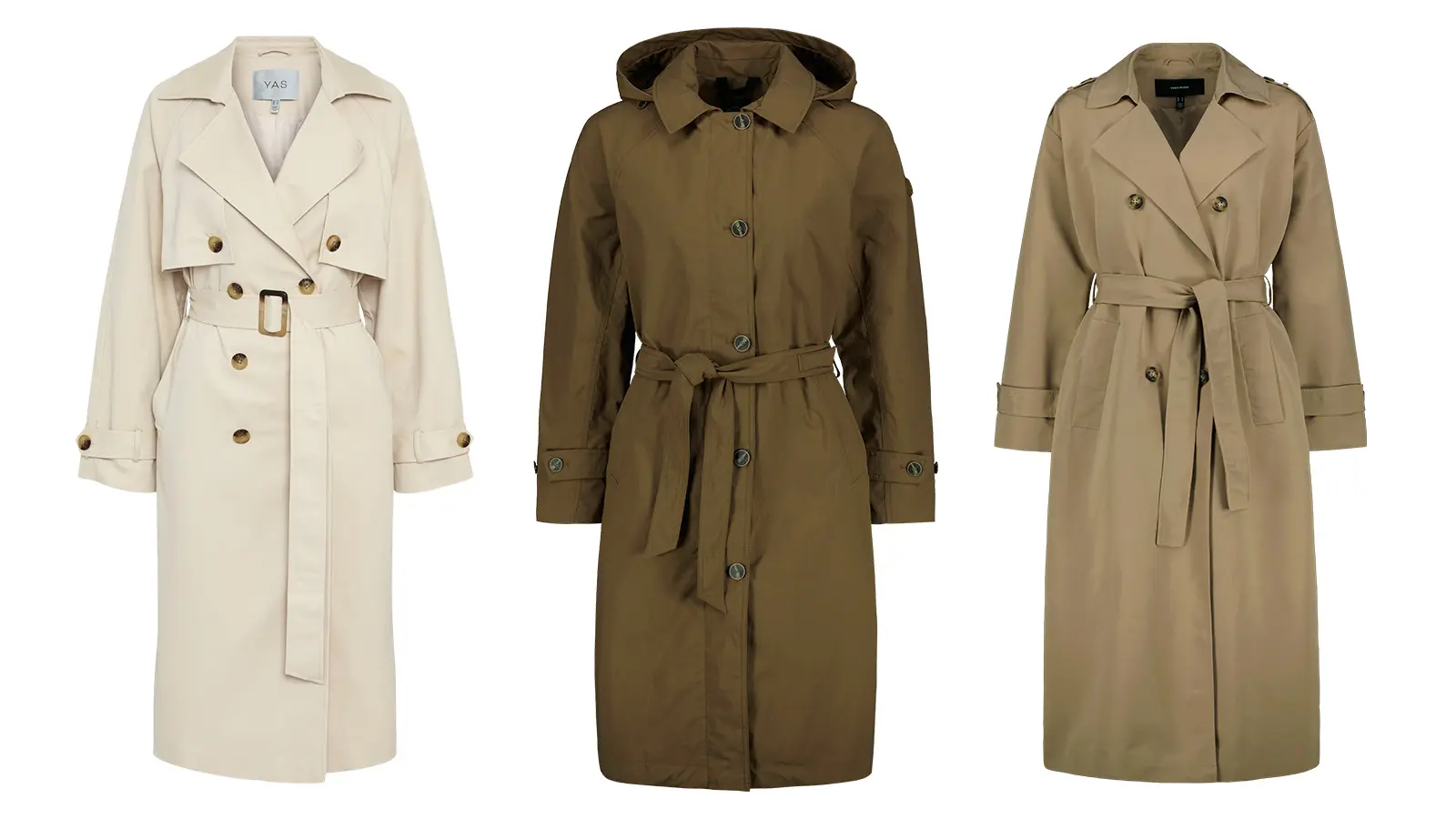 Kolme trenssitakkia vierekkäin.