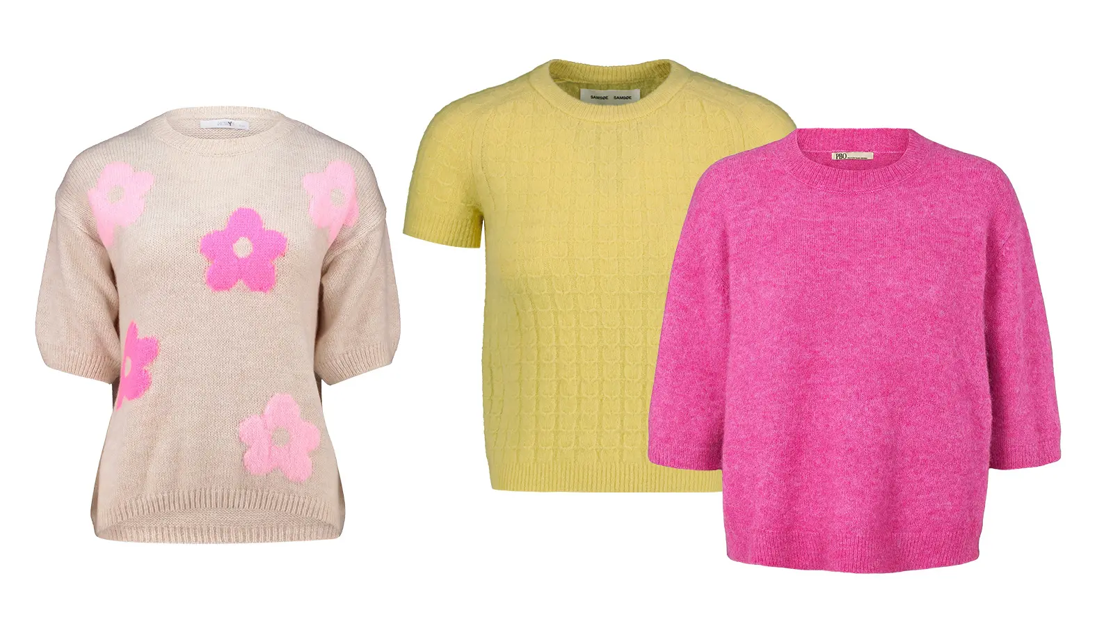 Kukkakuvioinen, keltainen ja pinkki lyhythihainen neule