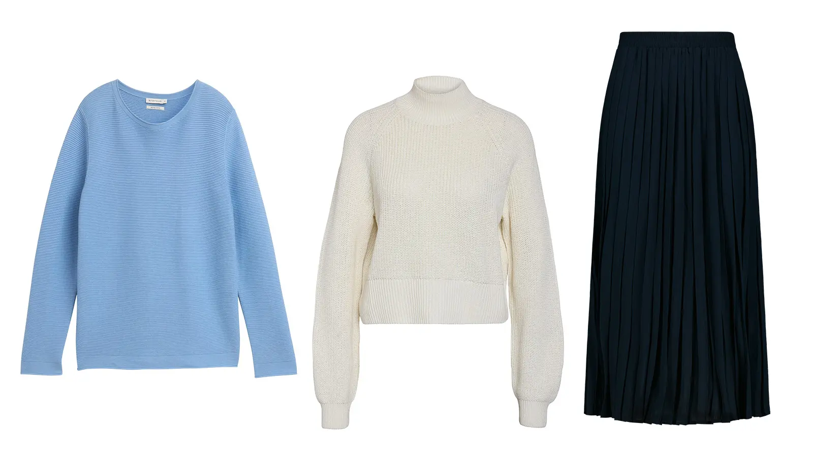 Vaaleansininen neule, valkoinen neule ja tummansininen pliseerattu hame