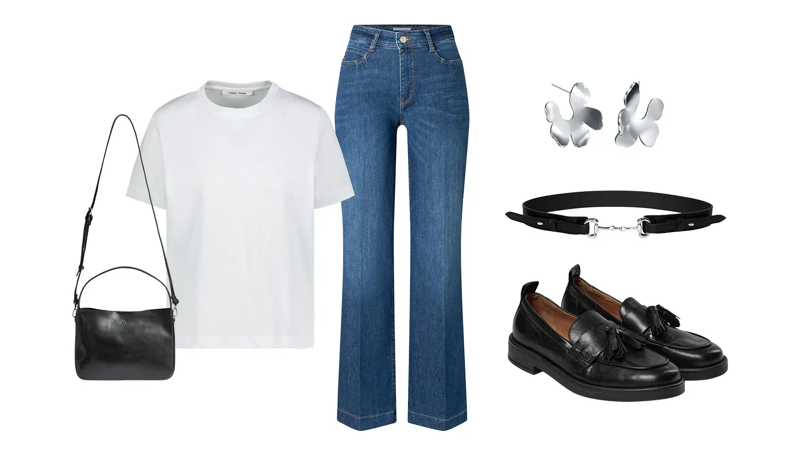 Valkoinen t-paita, farkut ja mustat asusteet