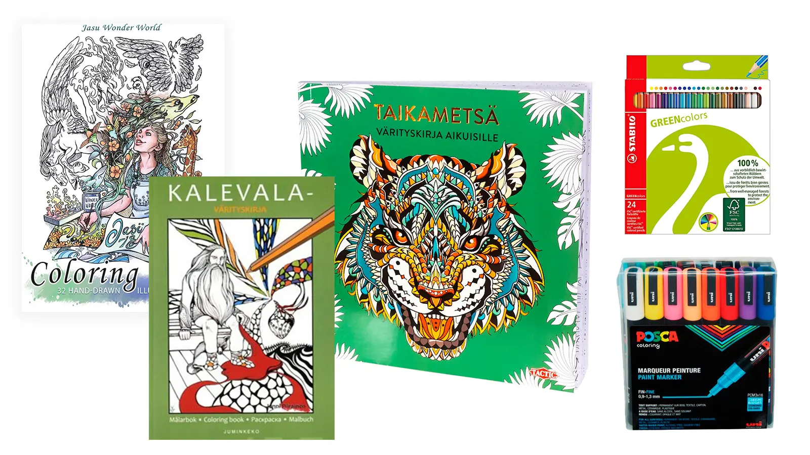 Erilaisia värityskirjoja ja värikyniä