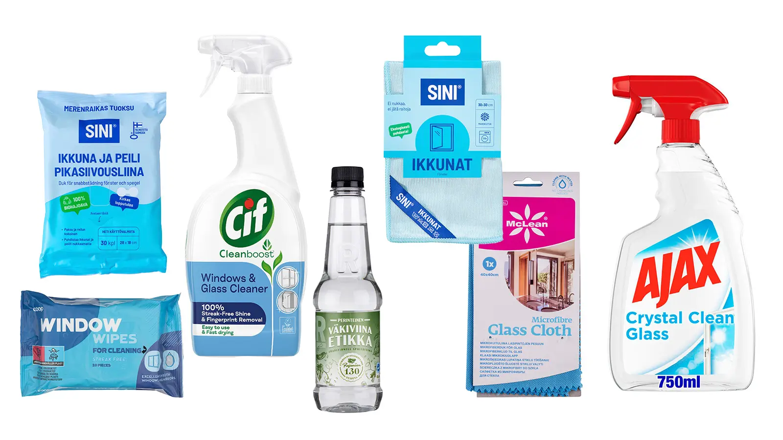 Ikkunoille tarkoitettuja puhdistusvälineitä ja -aineita