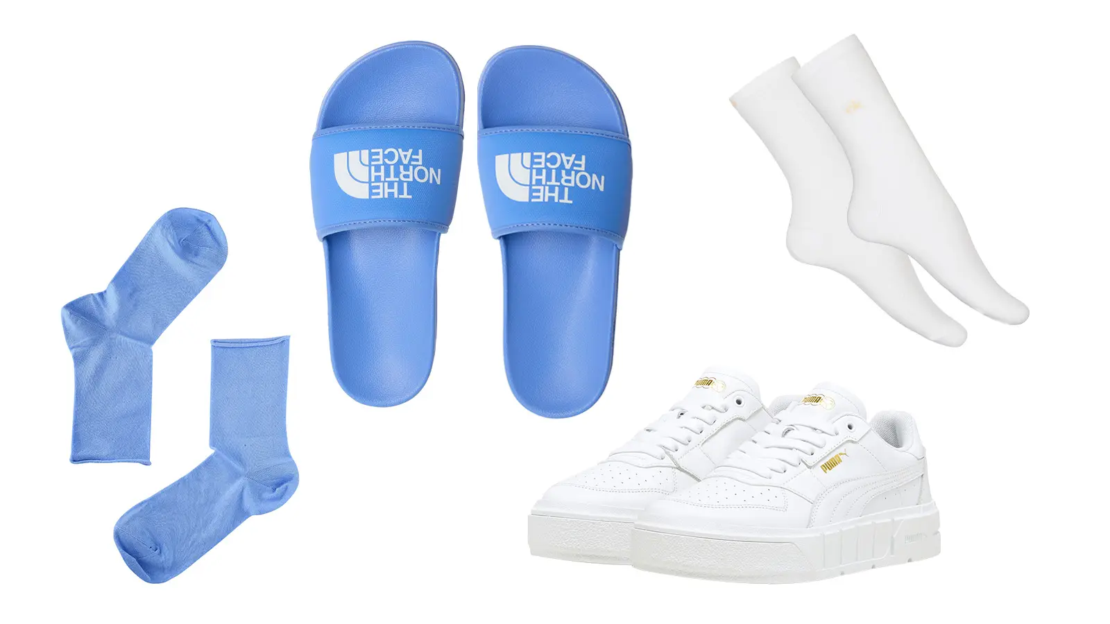 Siniset sukat ja siniset tossut, valkoiset sukat ja valkoiset tossut.