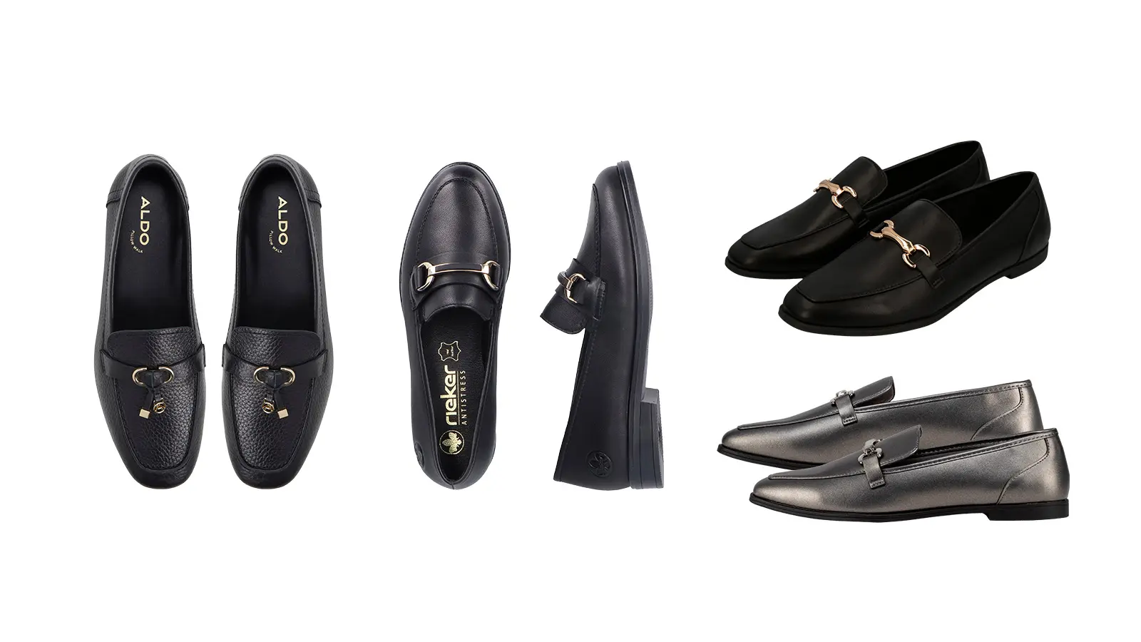 Neljä paria loafer-kenkiä, joissa kaikissa on koriste edessä.