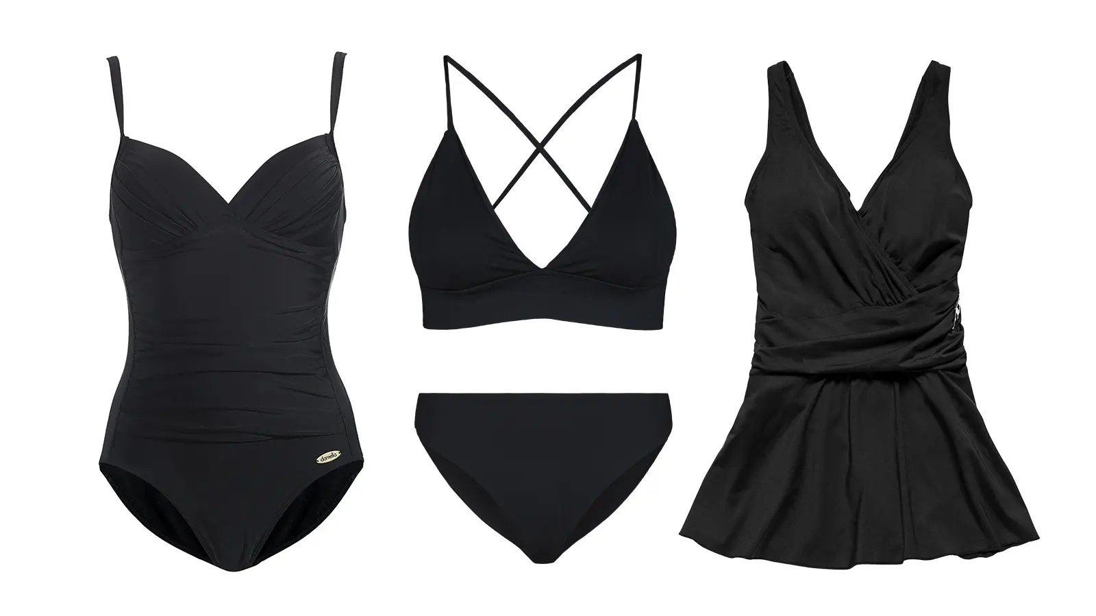 Musta uimapuku, mustatbikinit, musta mekkomainen uimapuku, jossa on helma.