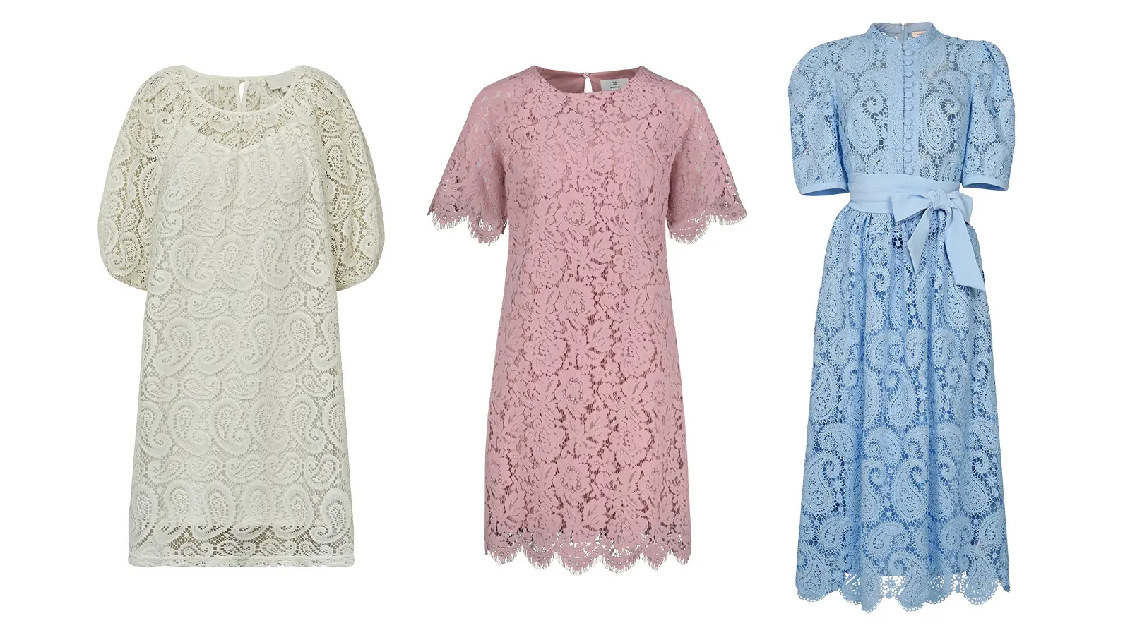 Kolme pitsimekkoa: vihertävä, roosa ja vaaleansininen