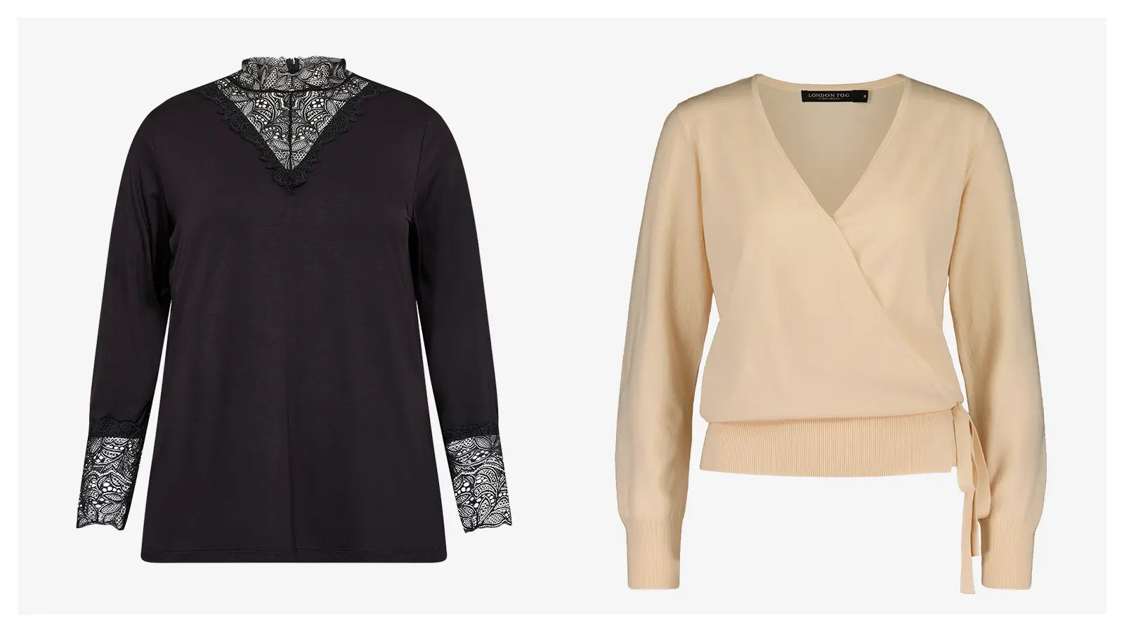 Musta paita, jossa on 3/4-hihat pitsireunoilla ja pitsiä kaula-aukossa sekä beige kietaisuneule, jossa on v-kaula-aukko