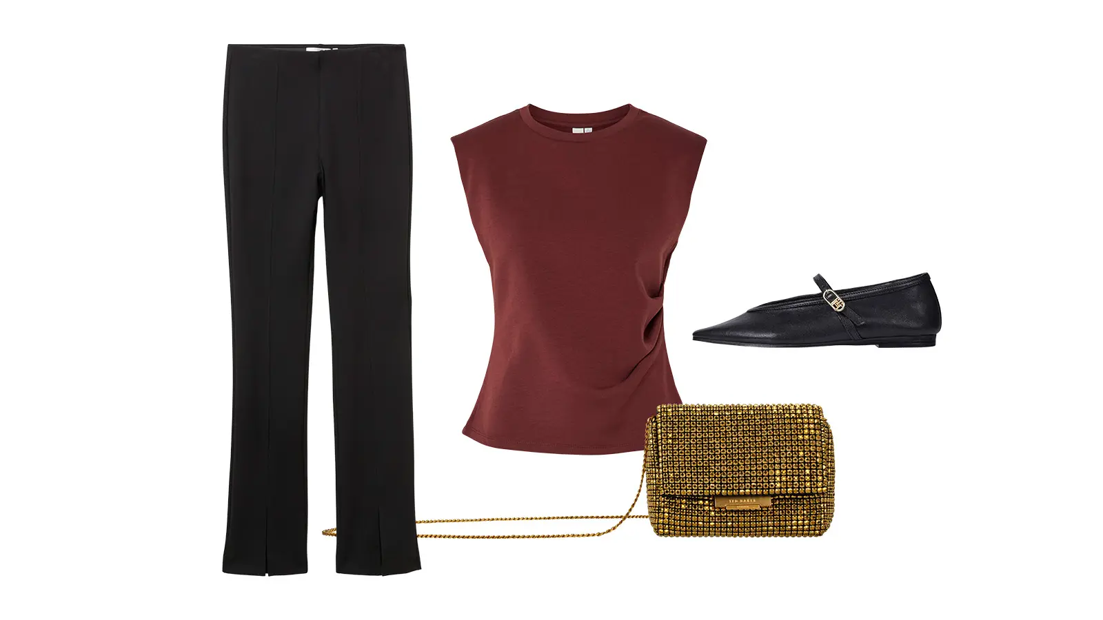 Mustat housut, viinipunainen siisti toppi, nahkaiset ballerinat ja kimaltava käsilaukku