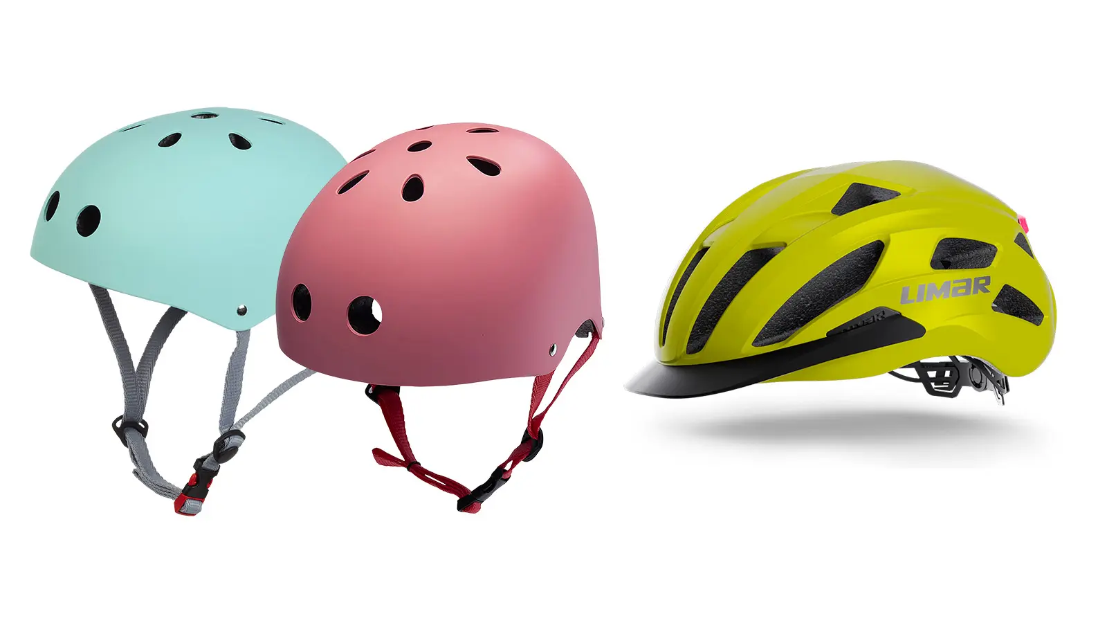 Kolme pyöräilykypärää: mintunvihreä, vaaleanpunainen ja keltainen.