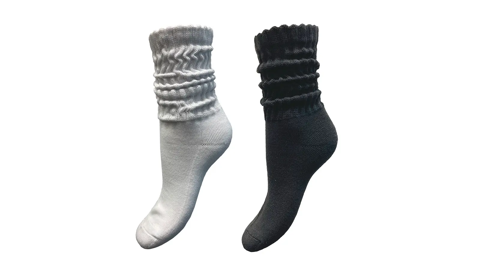 Kaksi paria sukkia, harmaat ja mustat, molemmissa rypytetyt varret.