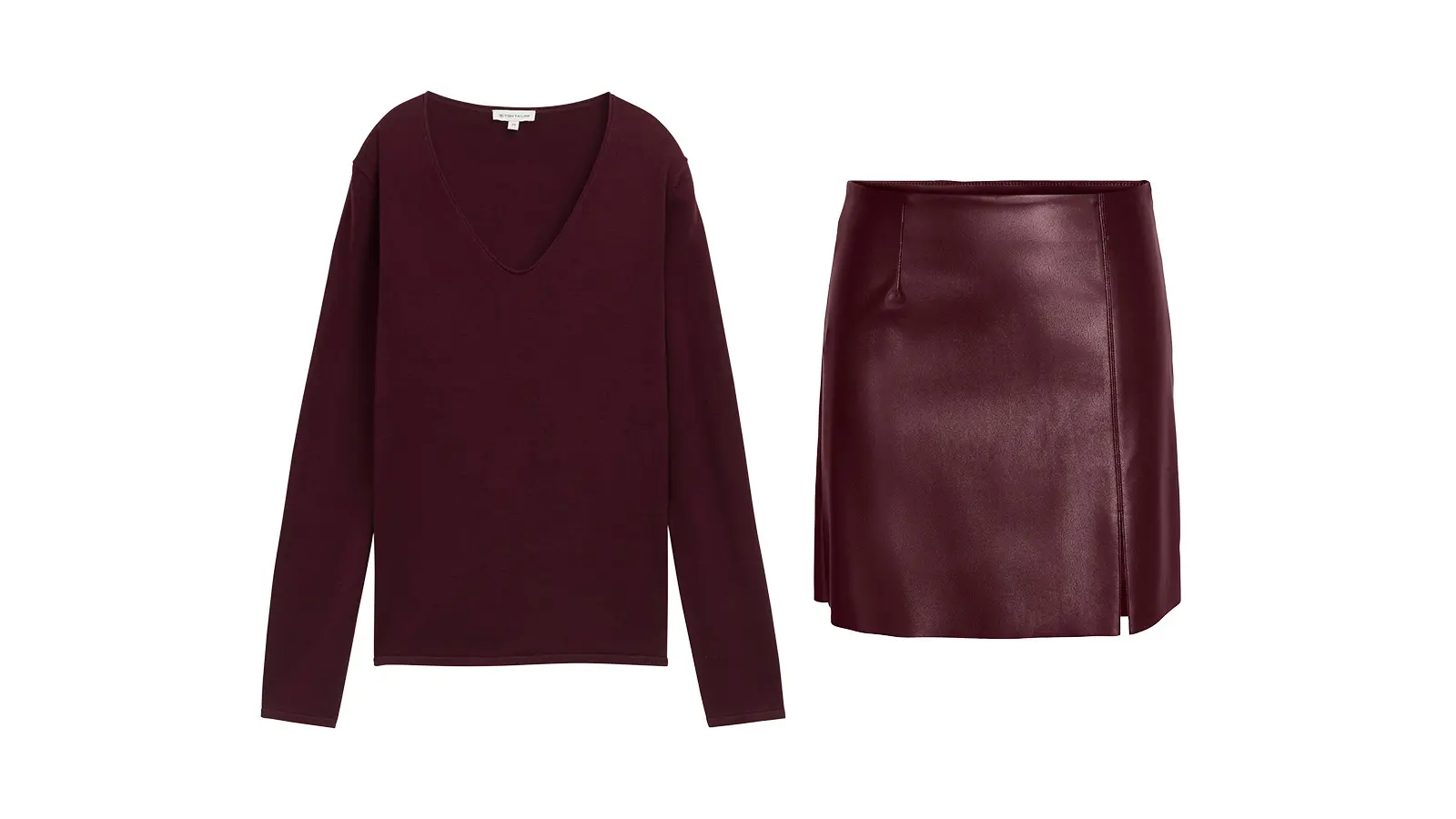 Viininpunainen neule ja nahkahame