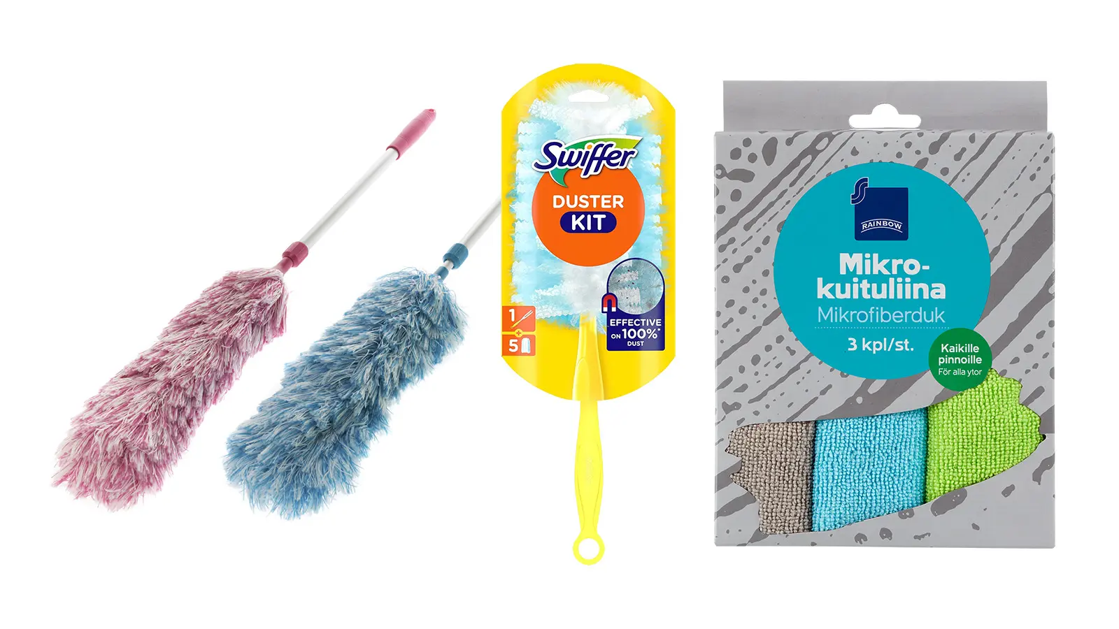 Kolme pölyhuiskaa ja mikrokuituliinoja