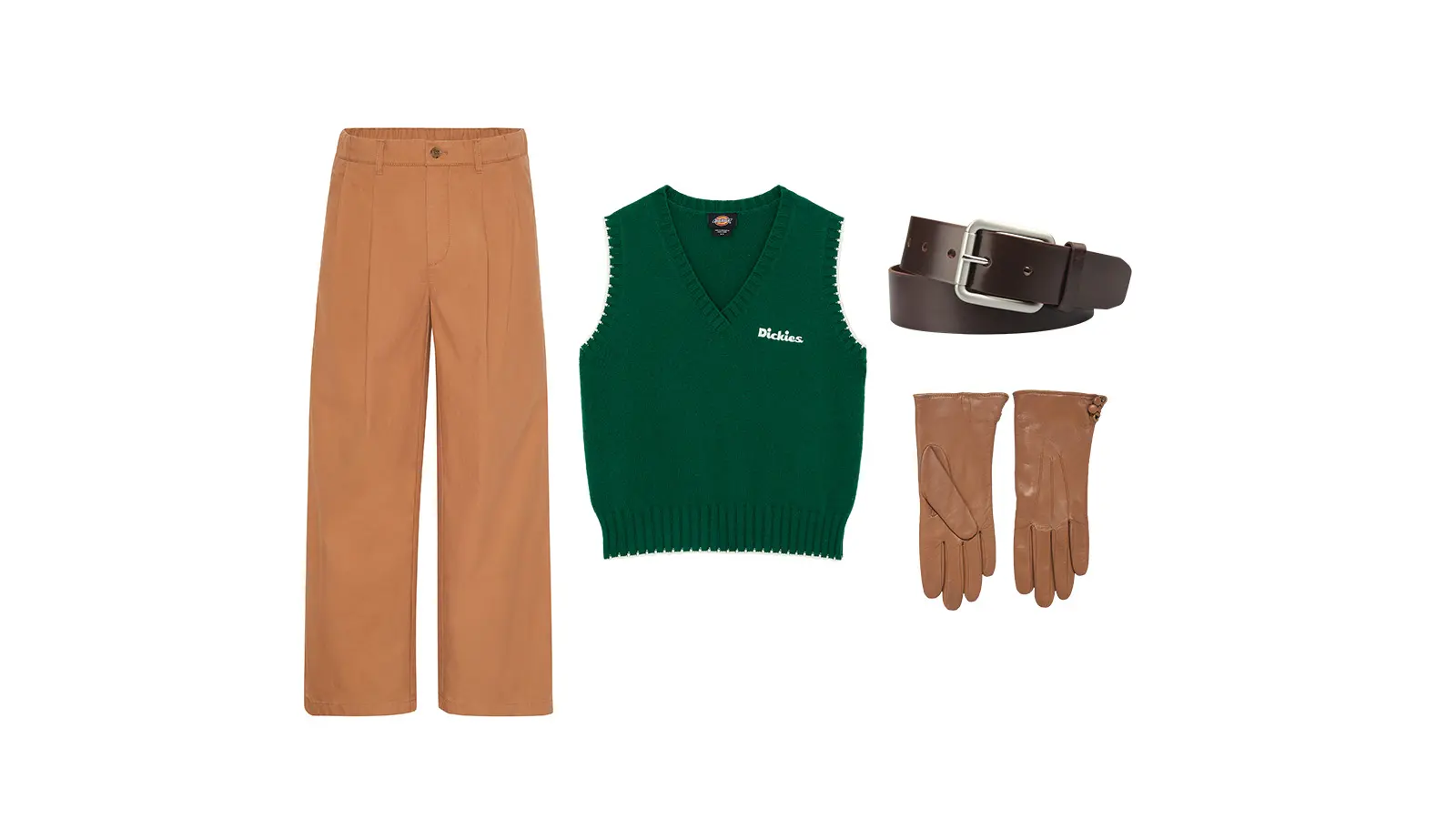 Housut, liivi, vyö ja hanskat