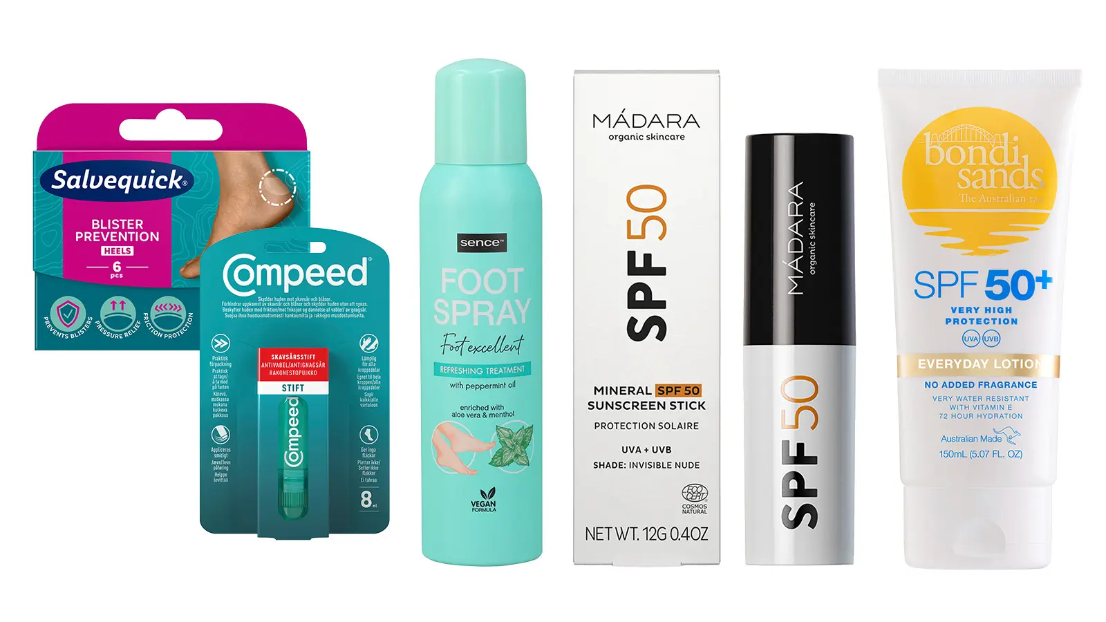 Rakkolaastareita, jalkasuihketta ja aurinkorasvaa