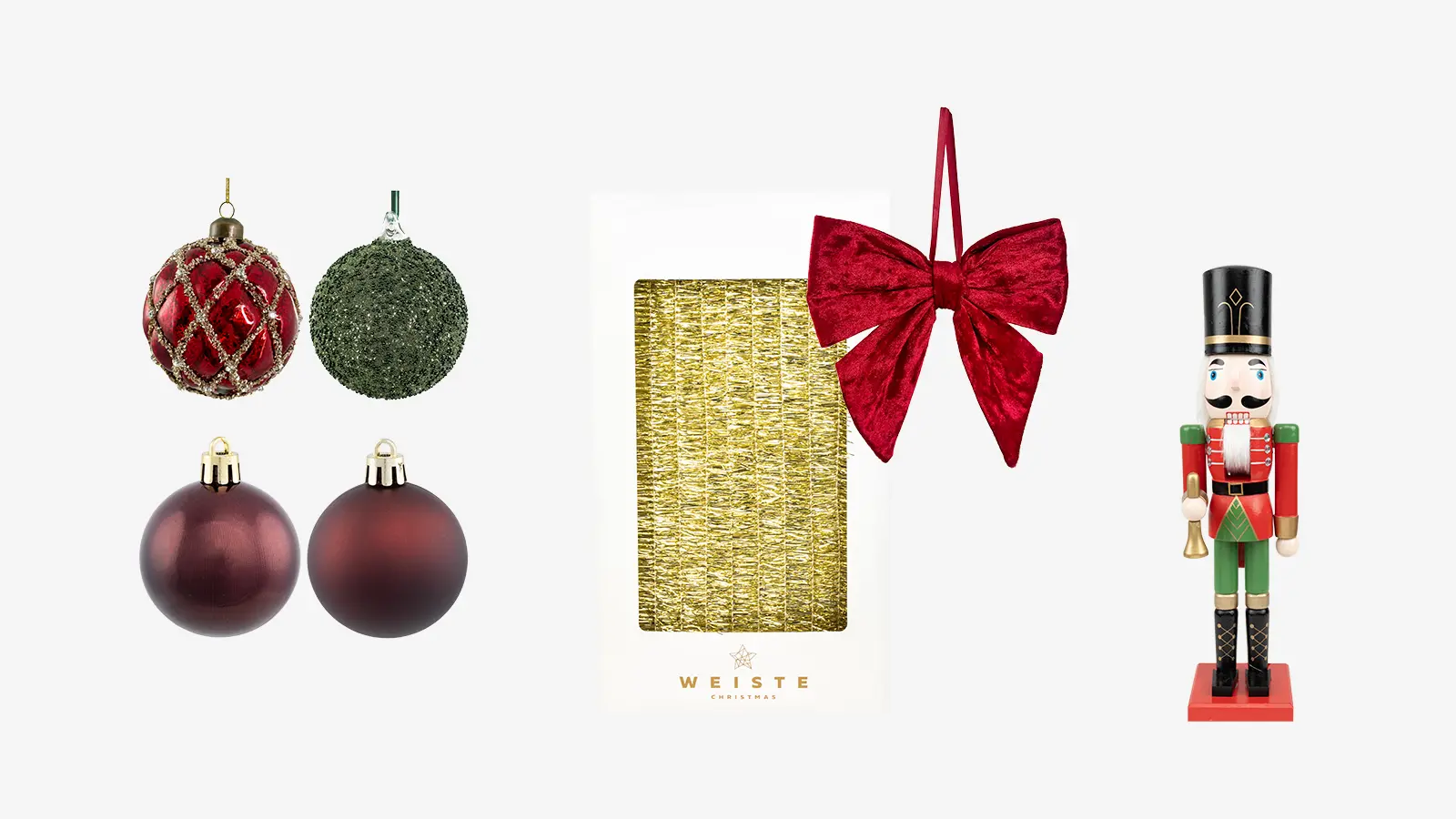 SHISHI Lasipallo punainen kultaglitteri , SHISHI Lasipallo vihreä paljetti, burgundin sävyiset joulupallot, Weiste joulukuusen punos, SHISHI Koristerusetti, pähkinänsärkijäkoriste