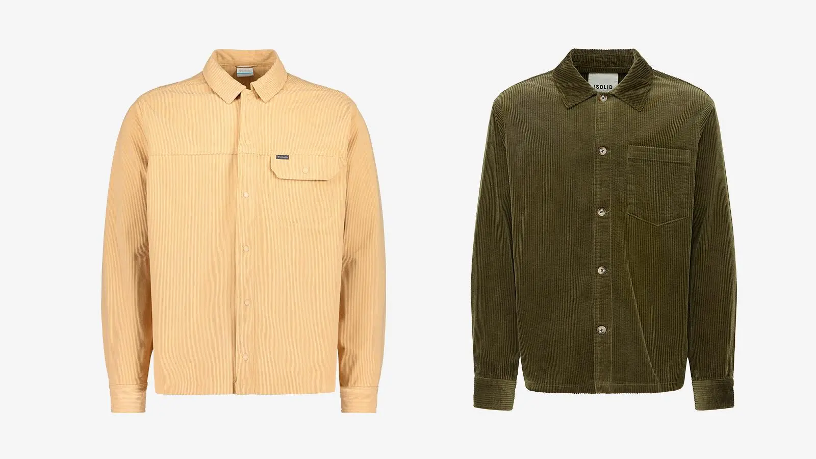 Kellertävä vakosamettikauluspaita ja vihreä vakosamettinen paitatakki