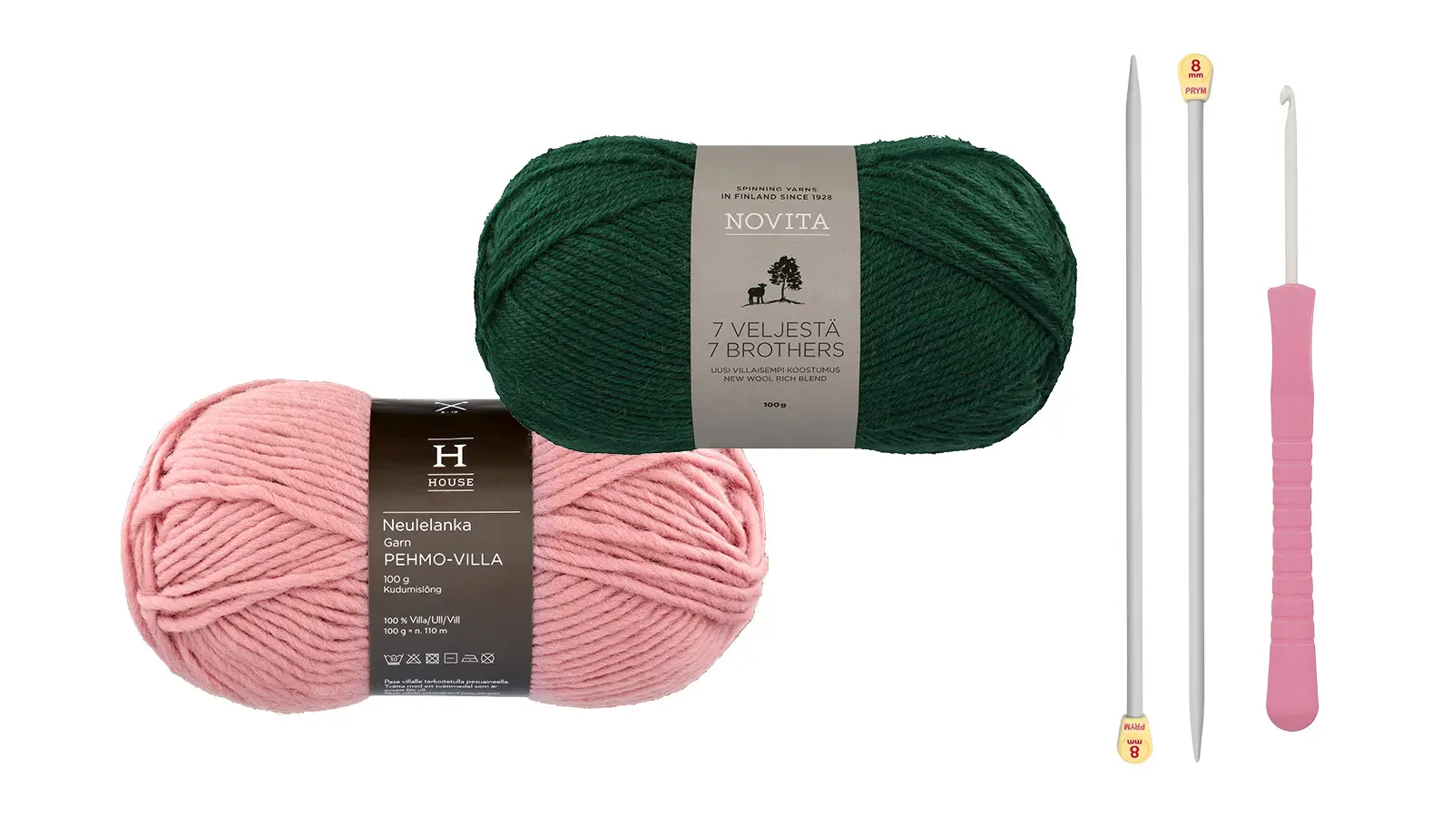 Kaksi eriväristä lankakerää ja neulomispuikkoja