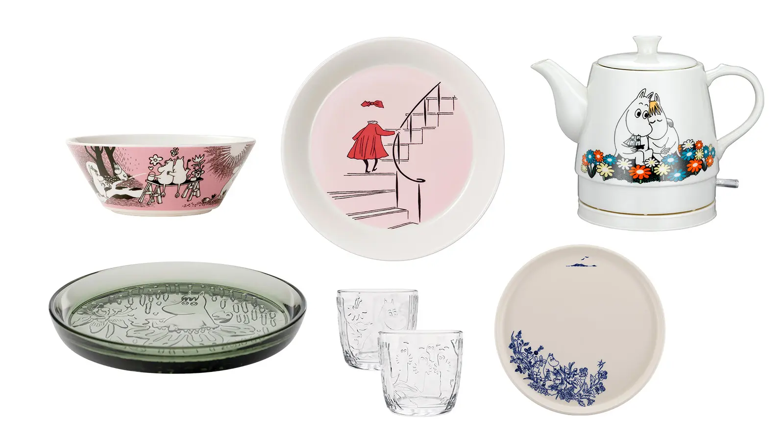 Erilaisia muumiteemaisia astioita