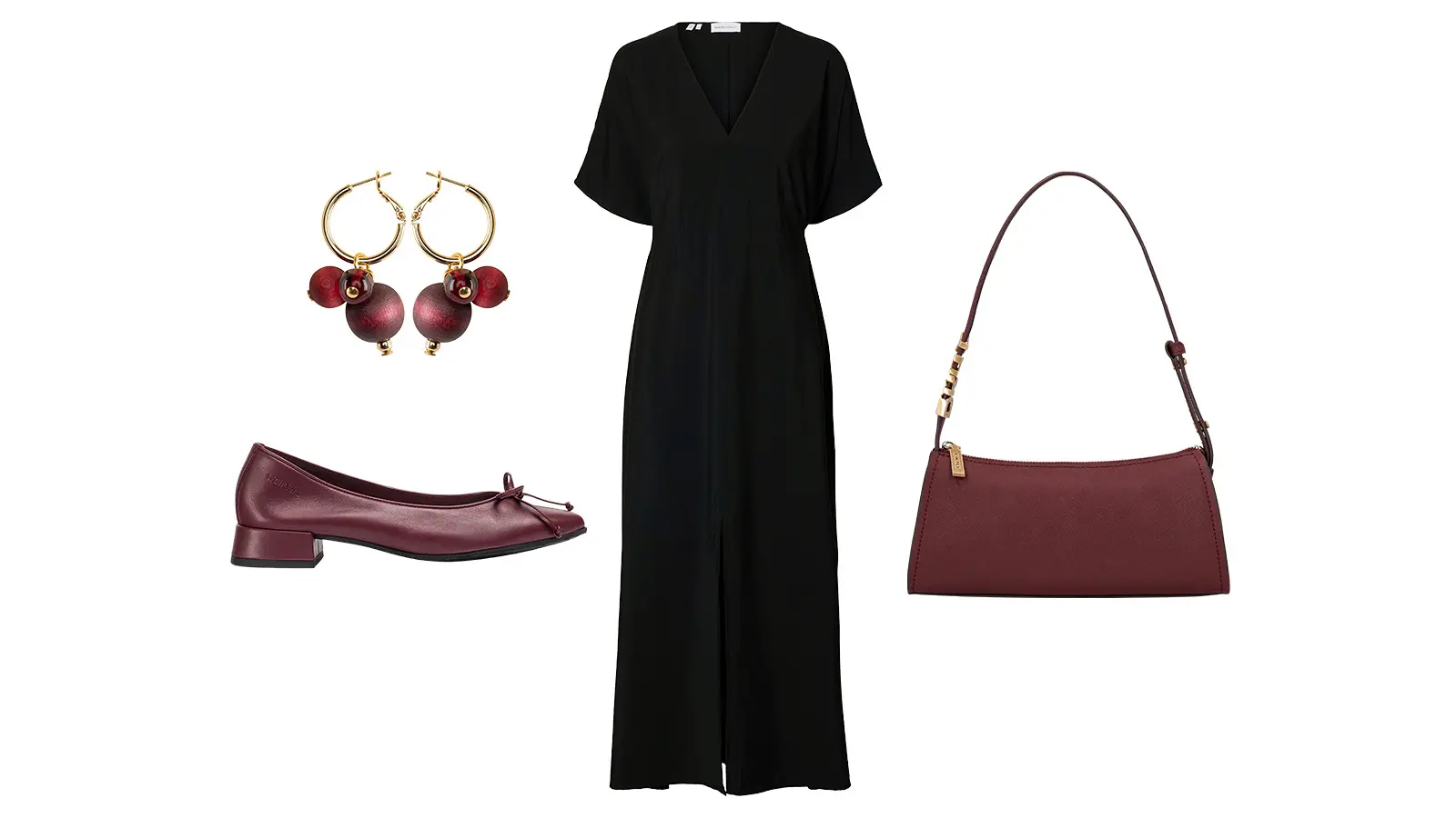 Musta mekko viininpunaisten asusteiden kanssa