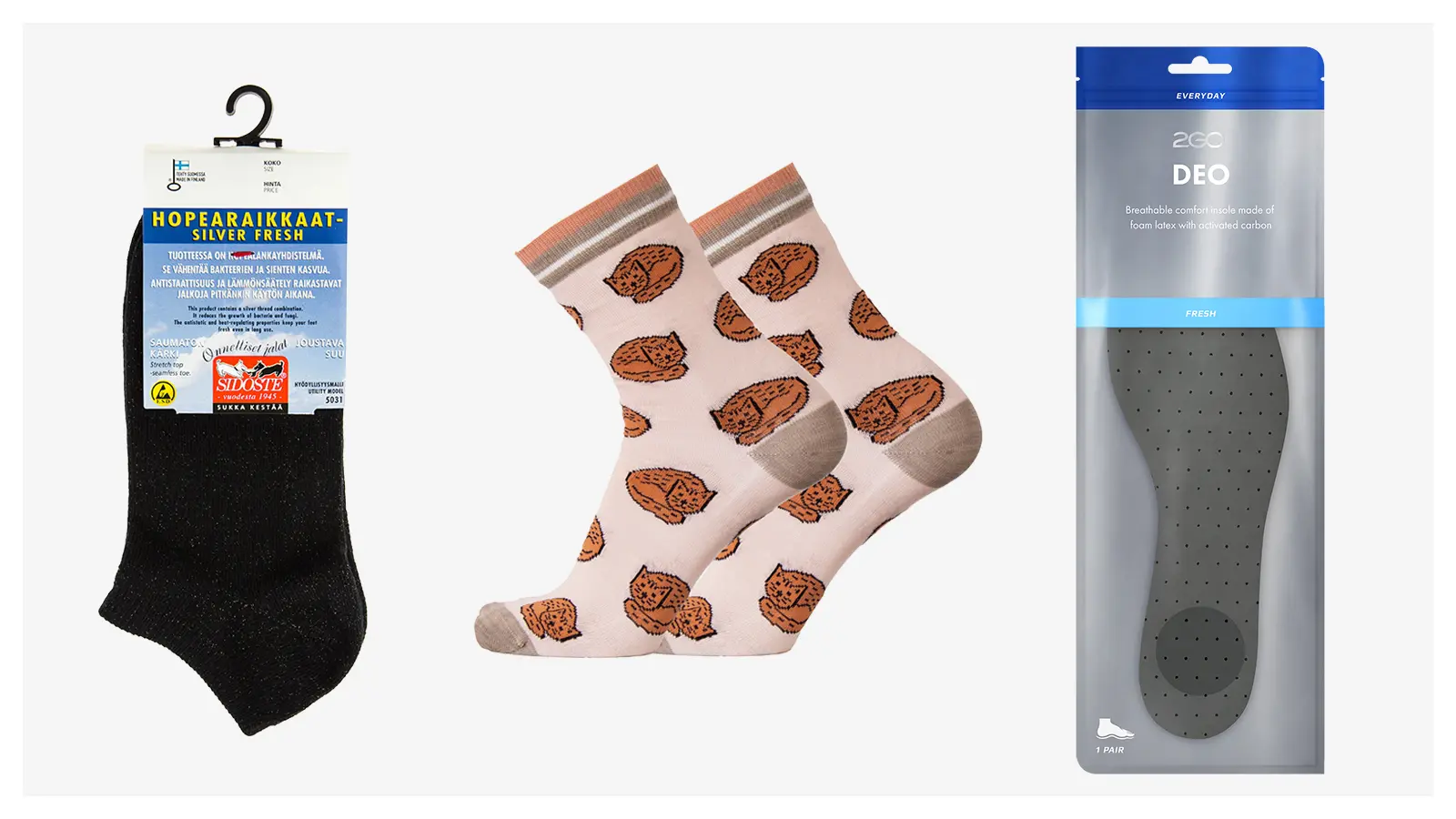Sidoste naisten hopearaikkaat sneakersukat, Sukkamestarit naisten merinovillasukat kissakuviolla ja 2GO Deo leikattava hajunsyöjäpohjallinen