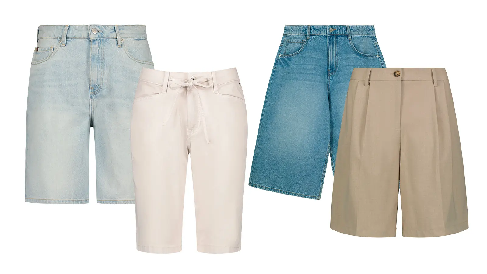 Neljä paria bermudahousuja: kahdet farkkushortsit, valkoiset ja beiget.