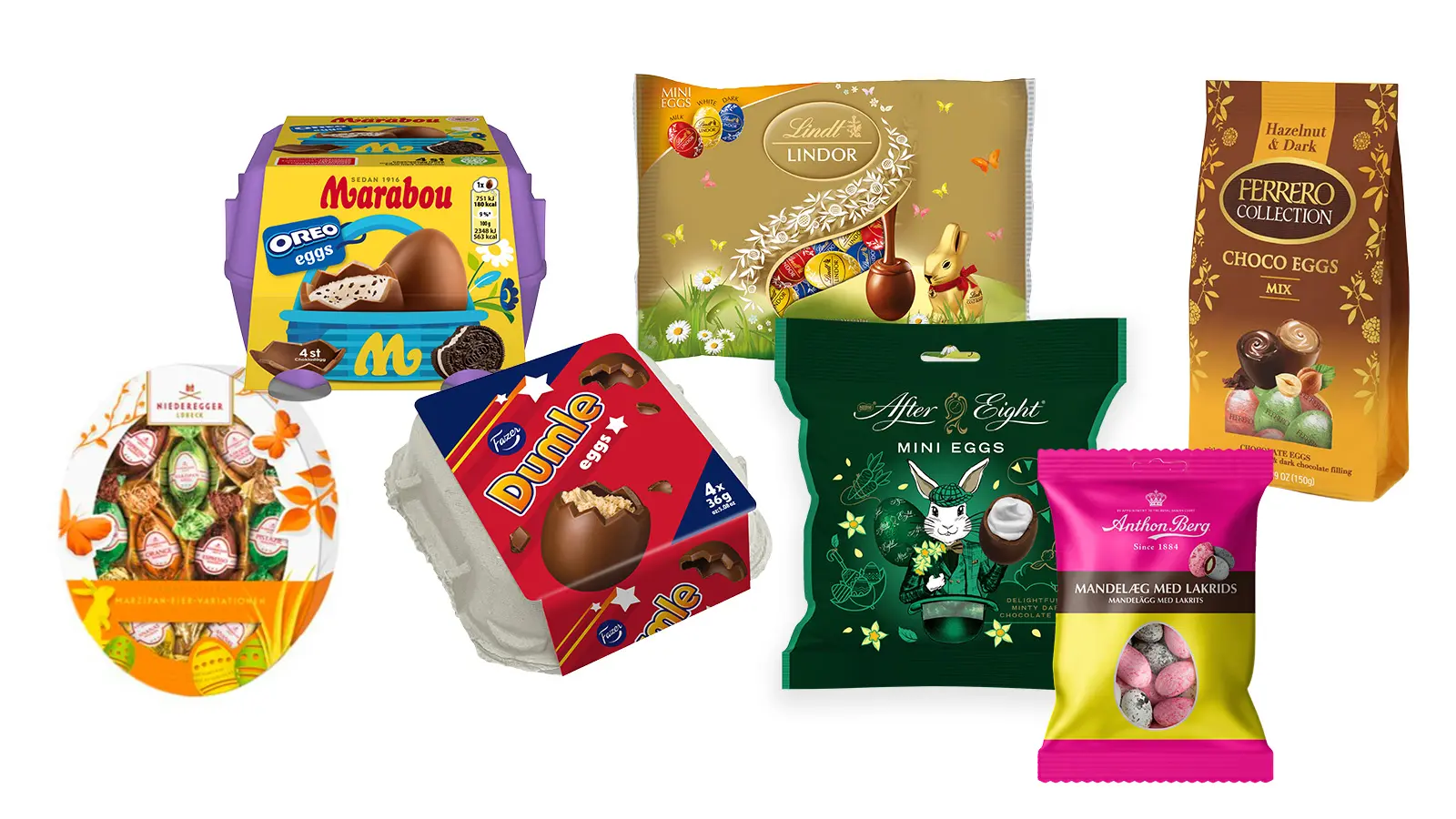 Seitsemän erilaista suklaamunaa pakkauksissaan esimerkiksi Dumle ja Oreo.
