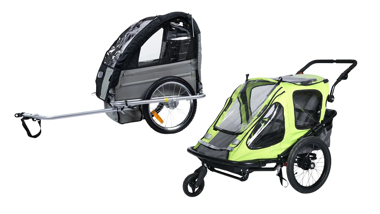 Kaksi lasten pyöräkärryä.