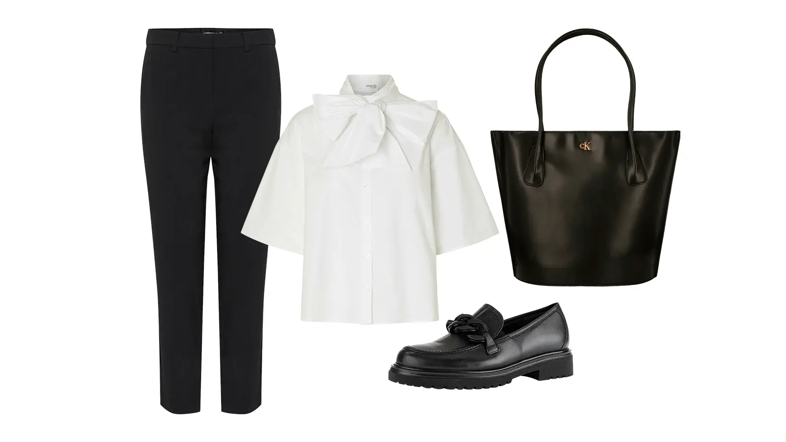 Tummat housut, valkoinen paita isolla rusetilla, musta nahkalaukku ja mustat nahkaloaferit