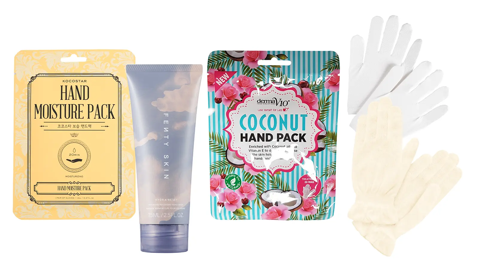 Erilaisia käsille tarkoitettuja naamioita ja puuvillahanskat