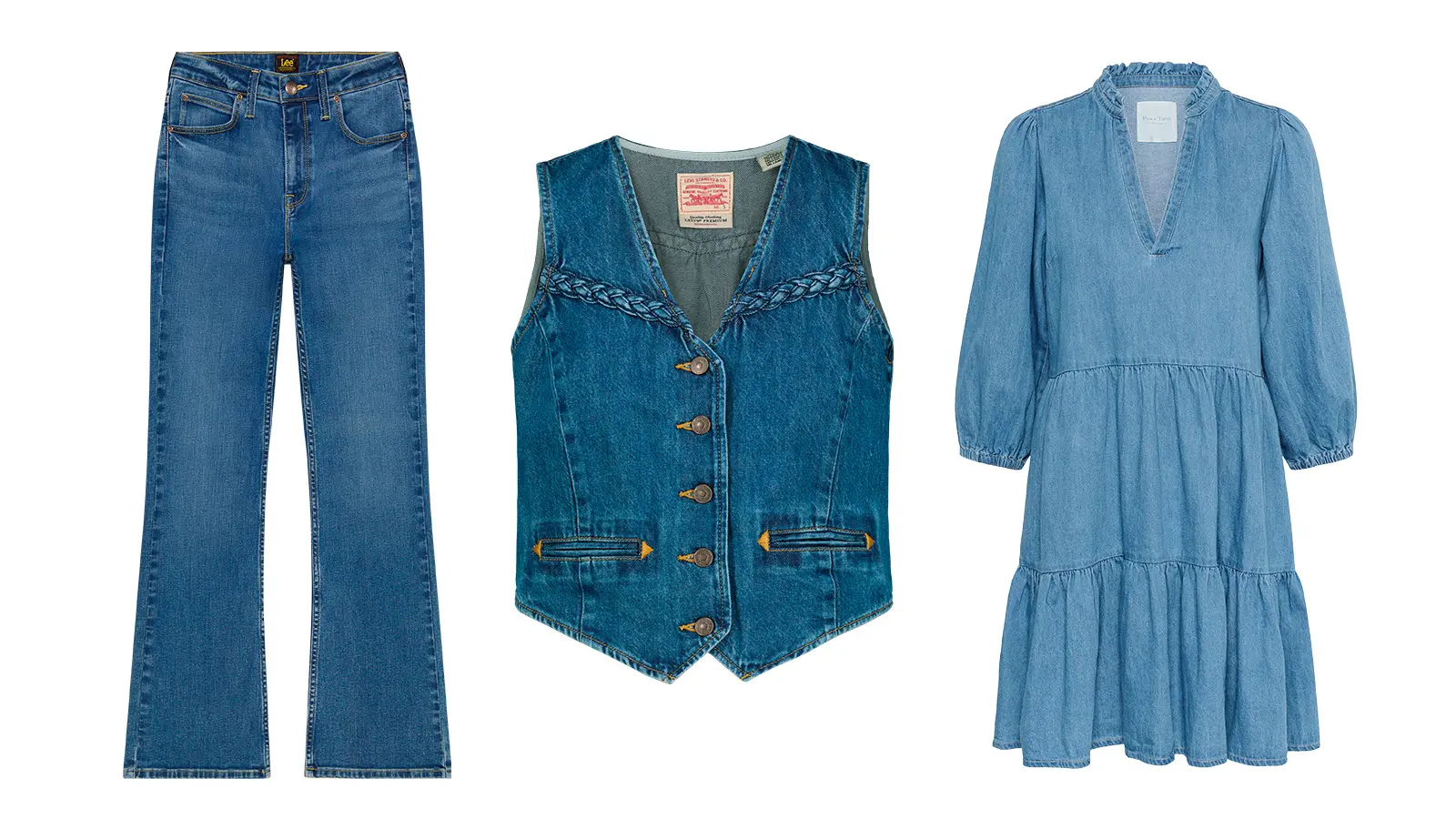 Farkut, farkkuliivi ja farkun sävyinen mekko