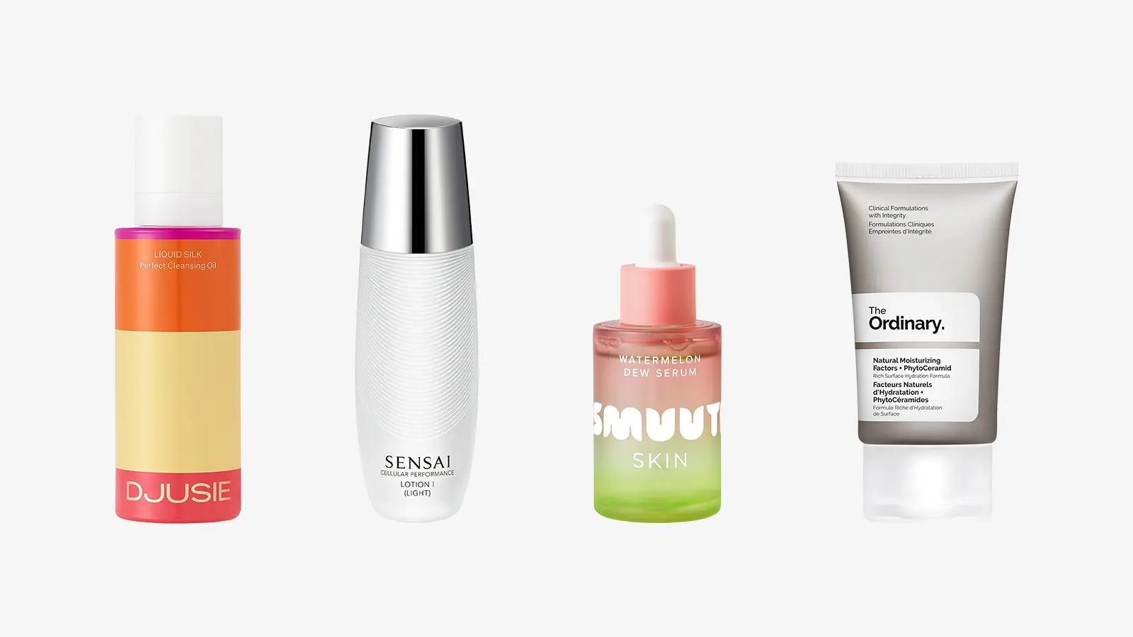 Djusie Liquid Silk Perfect Cleansing Oil, SENSAI Cellular Performance Lotion, Smuuti Skin Watermelon Dew, The Ordinary Natural Moisturizing Factors + PhytoCeramides