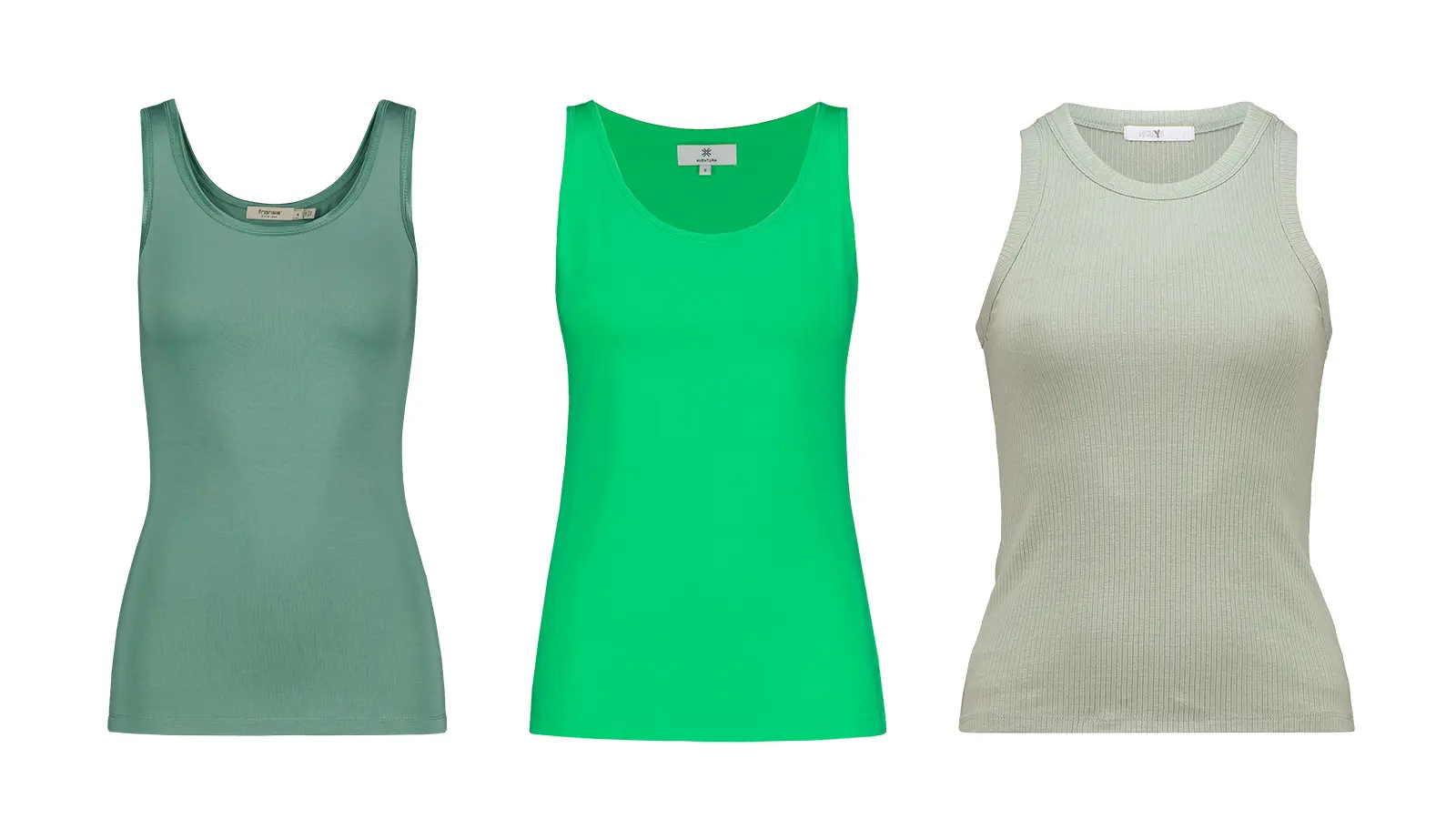 Kolme vihreää tank-top-toppia.