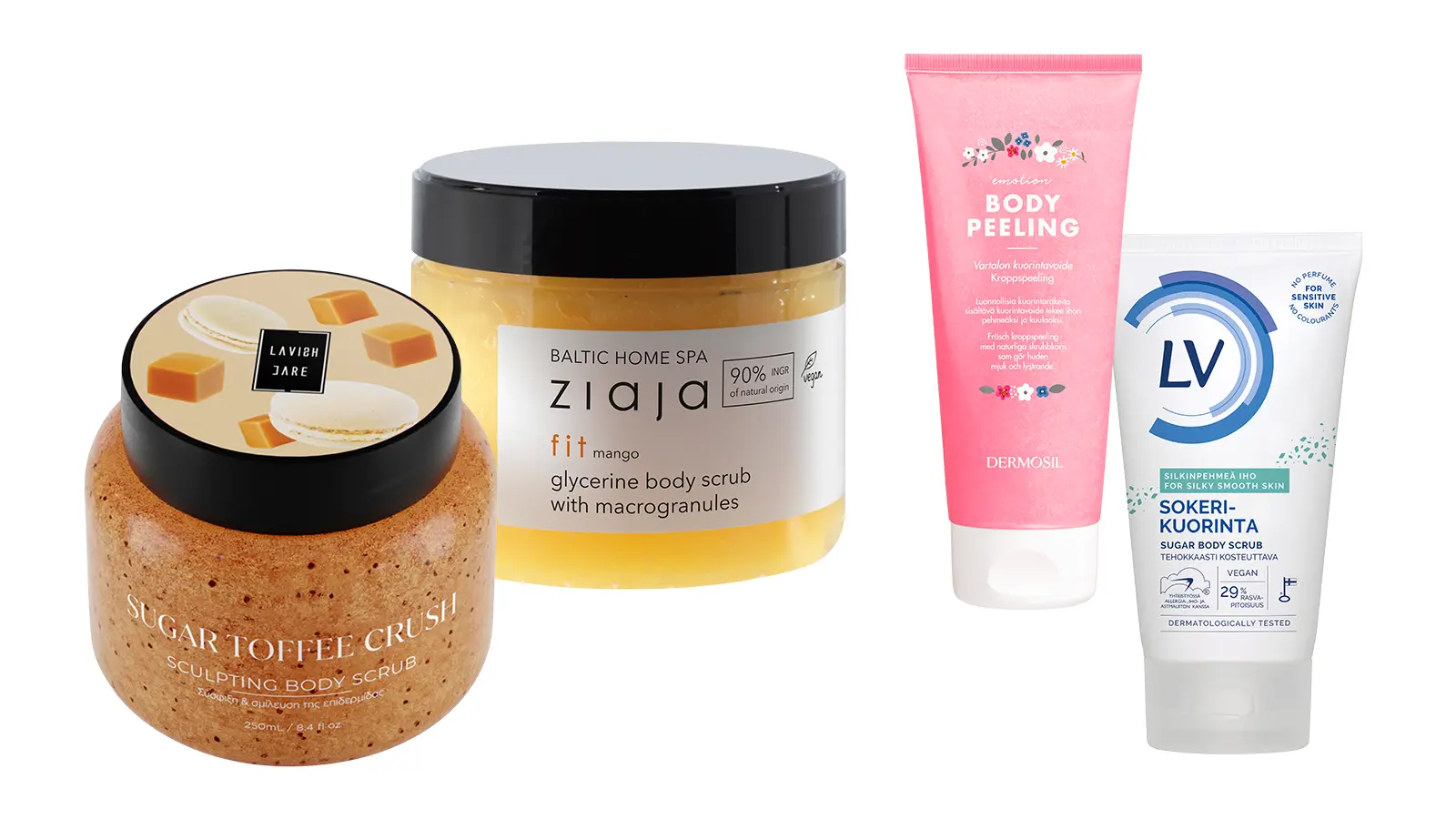 Erilaisia hellävaraisia ihon kuorintatuotteita