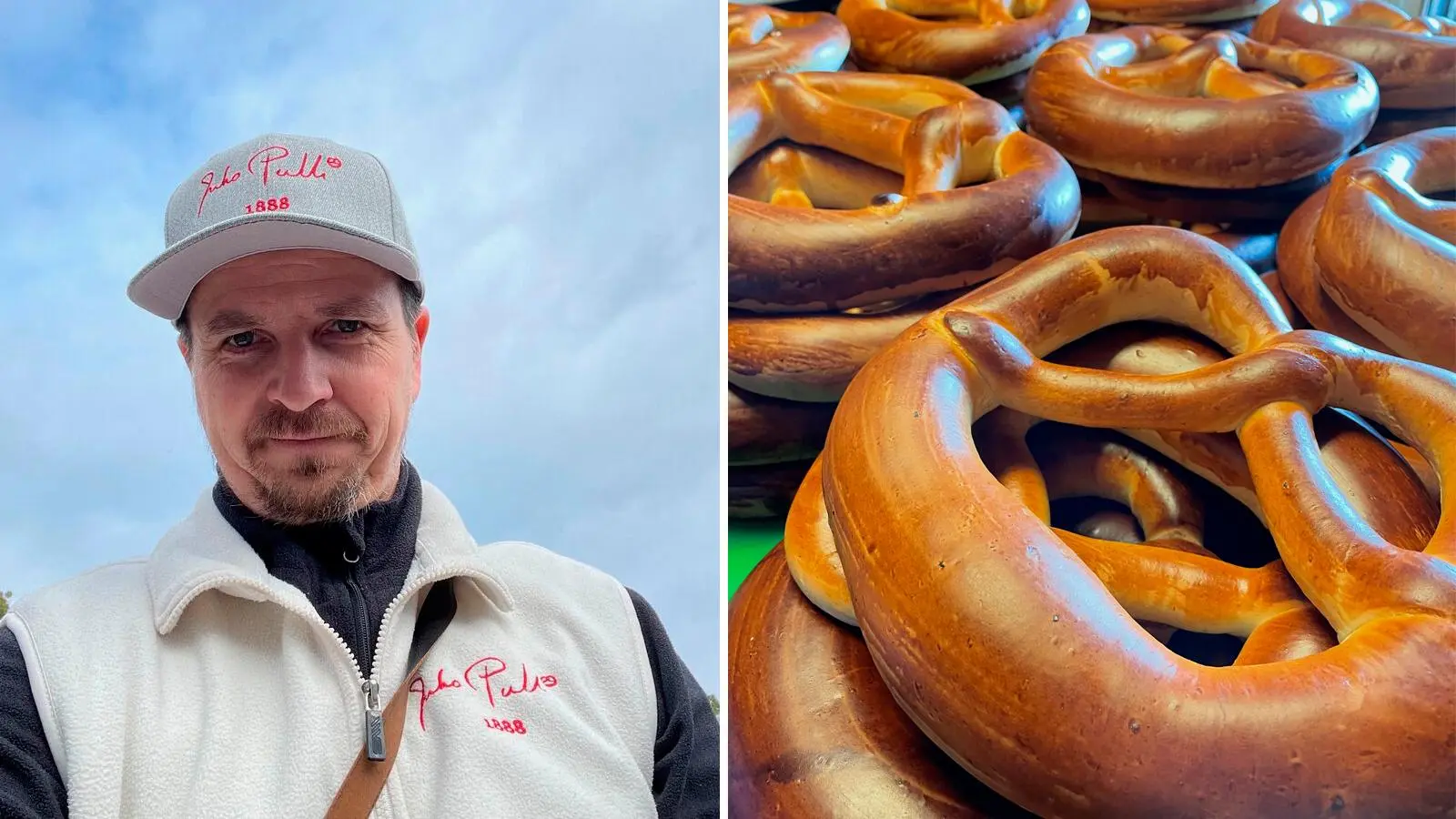 Kahden kuvan kollaasi: Antti Helkala lippiksessä ja liivissä, joissa on Juho Pulli -logo, ja viipurinrinkeleitä