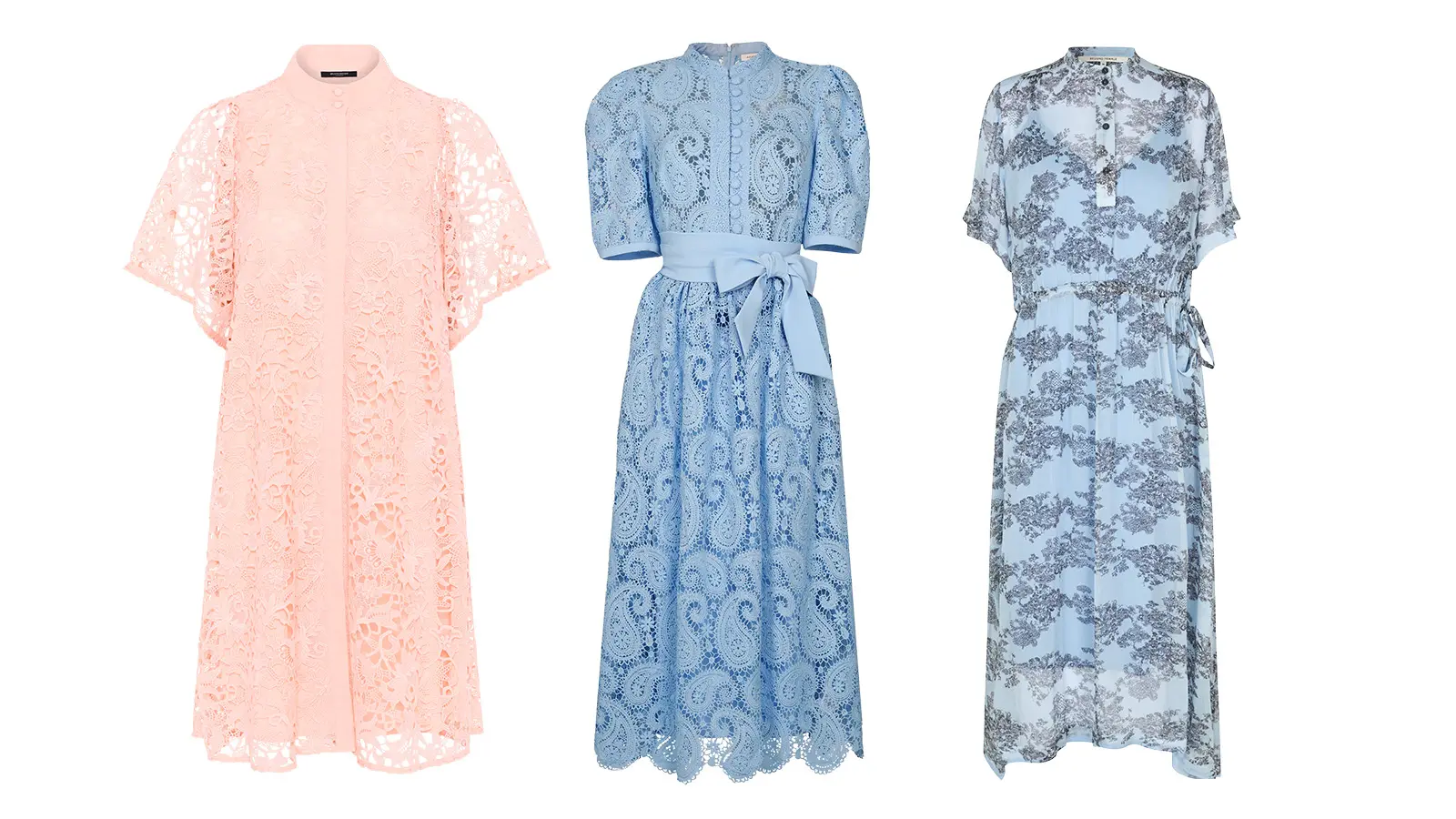 Neljä mekkoa, roosa ja kaksi sinistä: merkeiltä Bruuns Bazaar, Andiata ja Second Female.