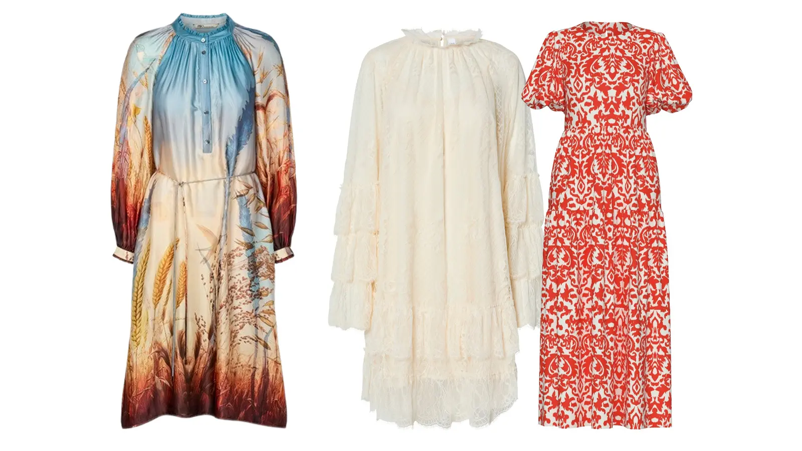 Boho-tyylisiä mekkoja rivissä.