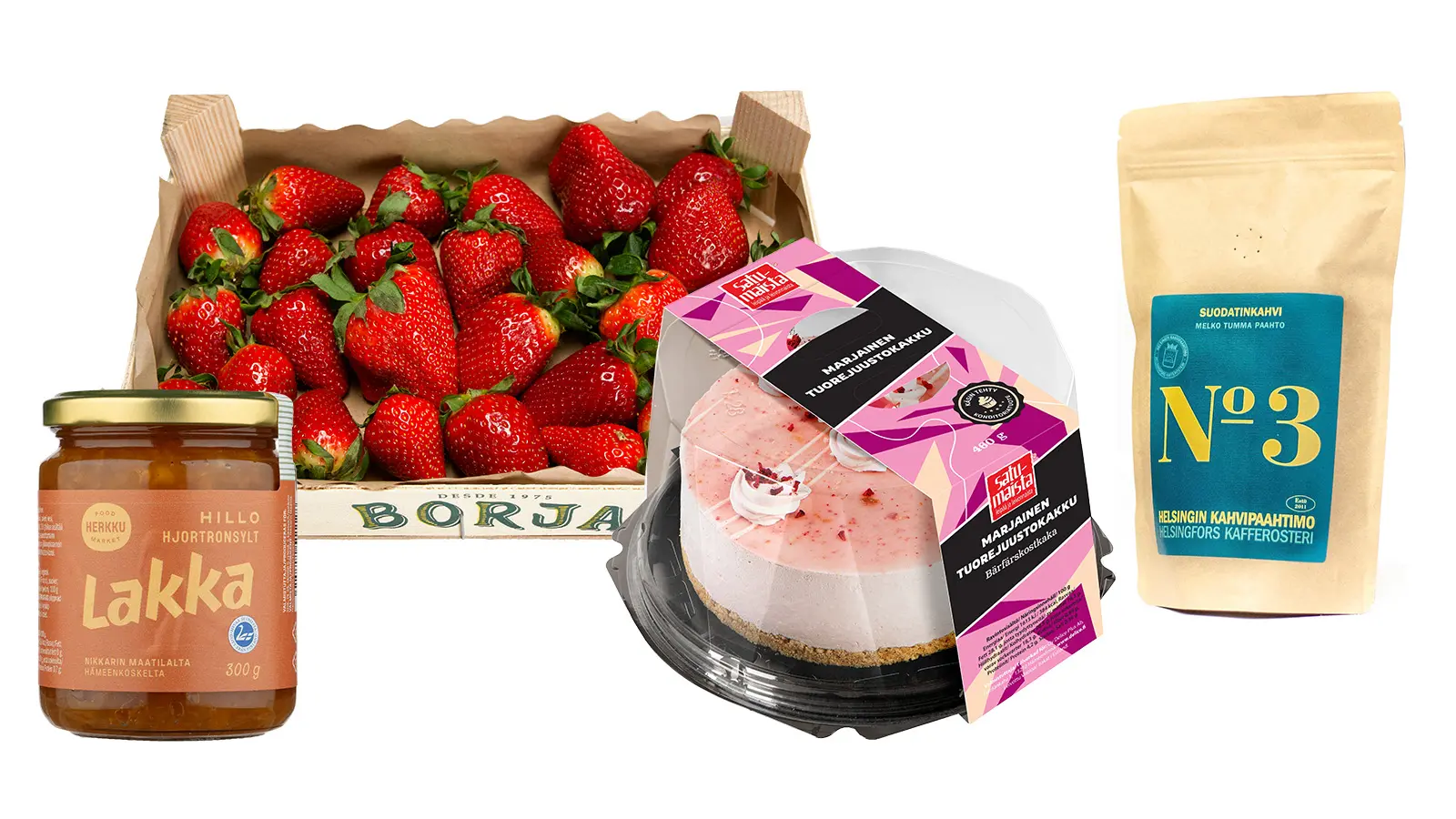 Mansikoita, hillo, juustokakku ja kahvipaketti