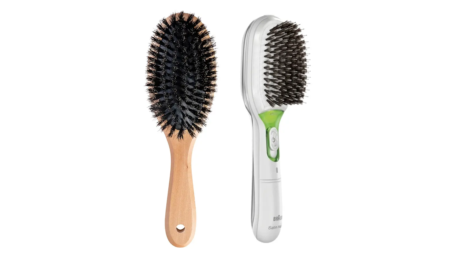 Kaksi luonnonharjaksilla varusteltua hiusharjaa