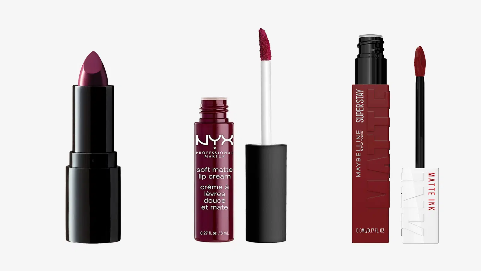 IsaDora Perfect Moisture Lipstick huulipuna 230 Blackberry Mood, NYX Professional Makeup Soft Matte Lip Cream huulivoide, Maybelline New York Super Stay Matte Ink 50 Voyager
