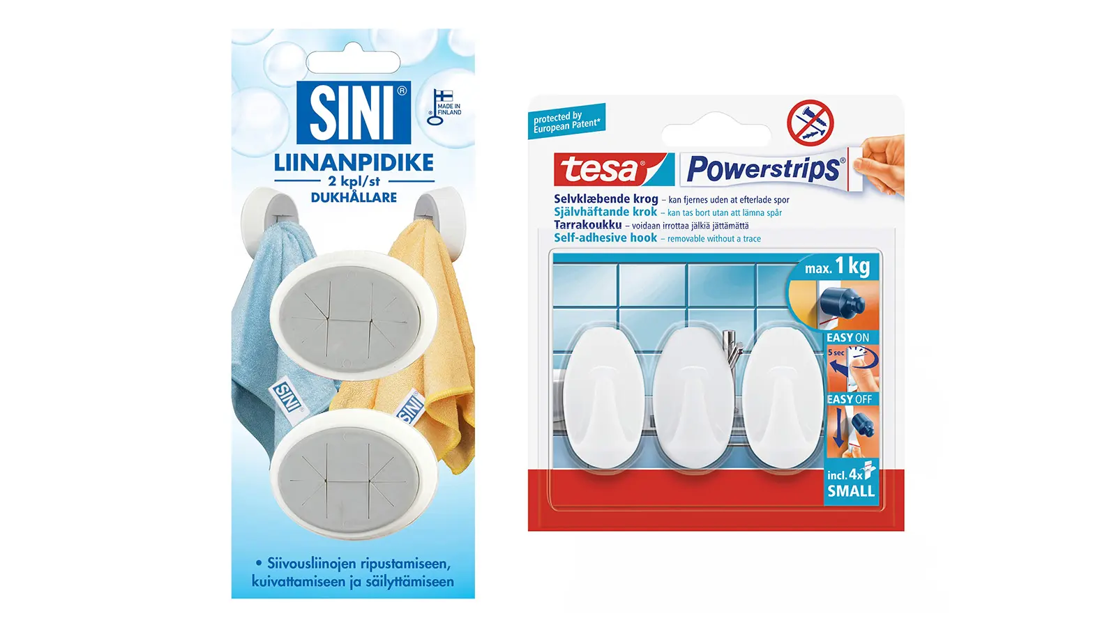 Kaksi erilaista seinäkoukkua