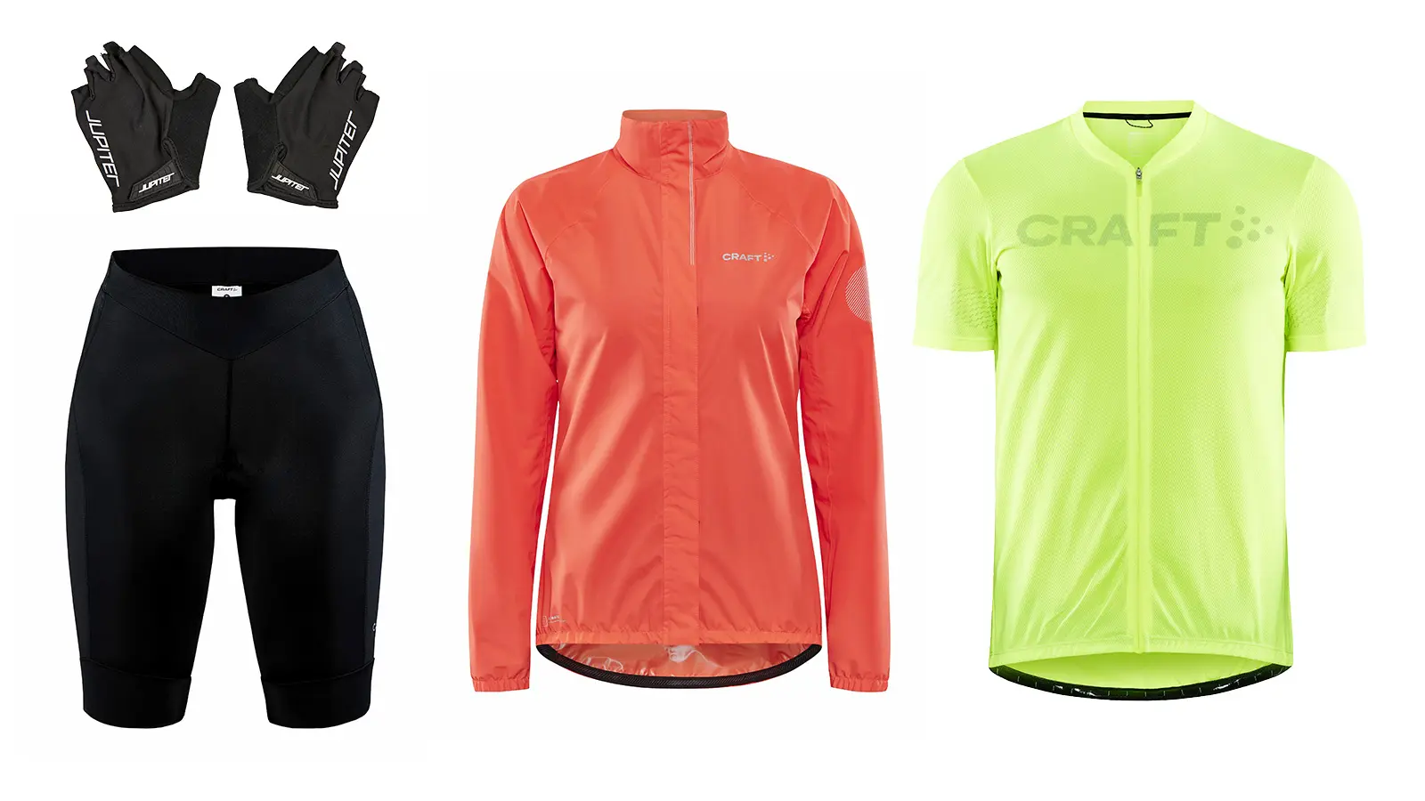 Pyöräilyhanskat, pyöräilyshortsit, pyöräilytakki ja pyöräilypaita.
