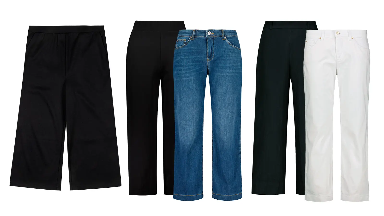 Rivissä erilaisia culottes-housuja.