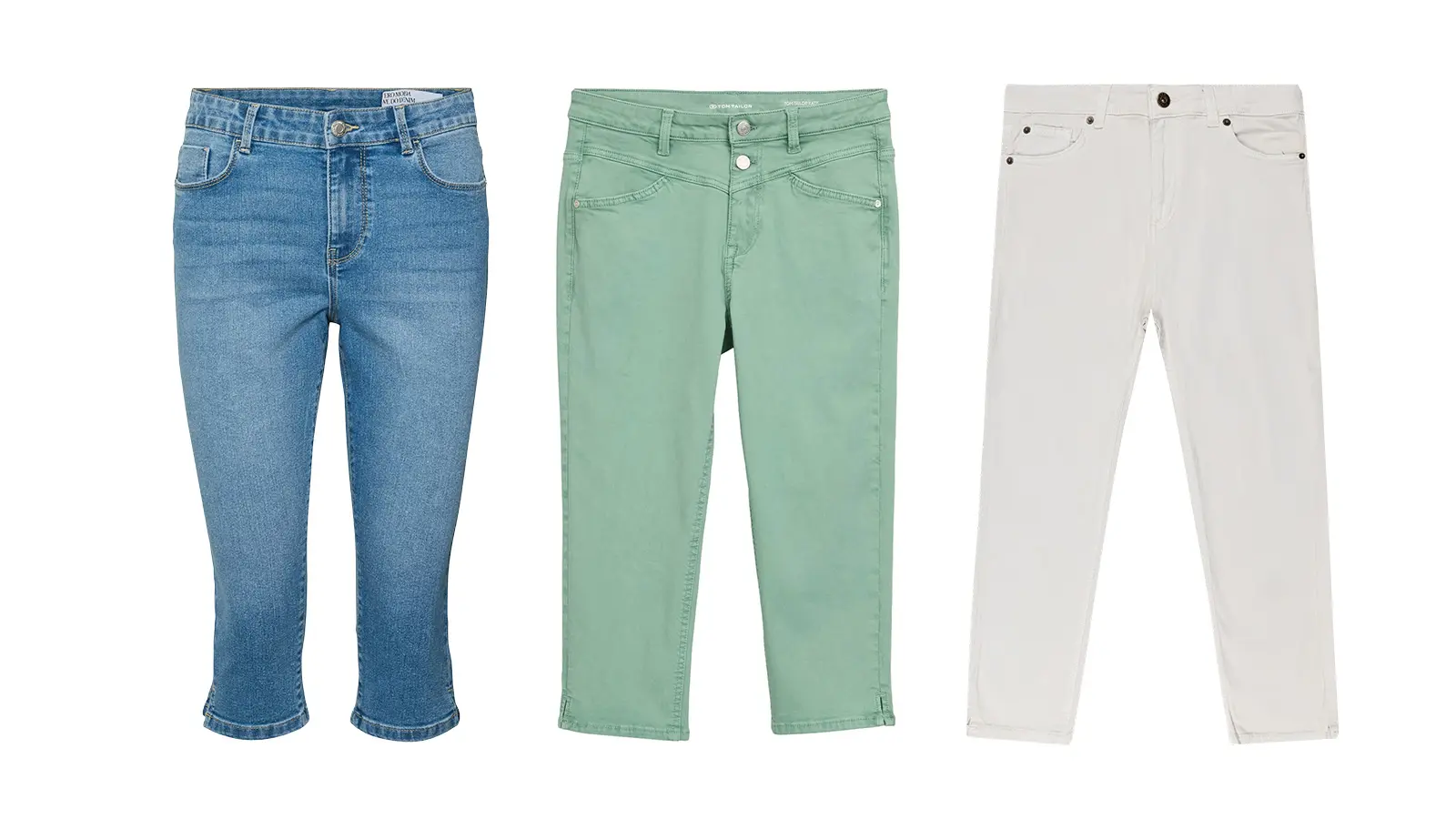 Kolme paria caprihousuja: farkkuiset, vihreät ja valkoiset.